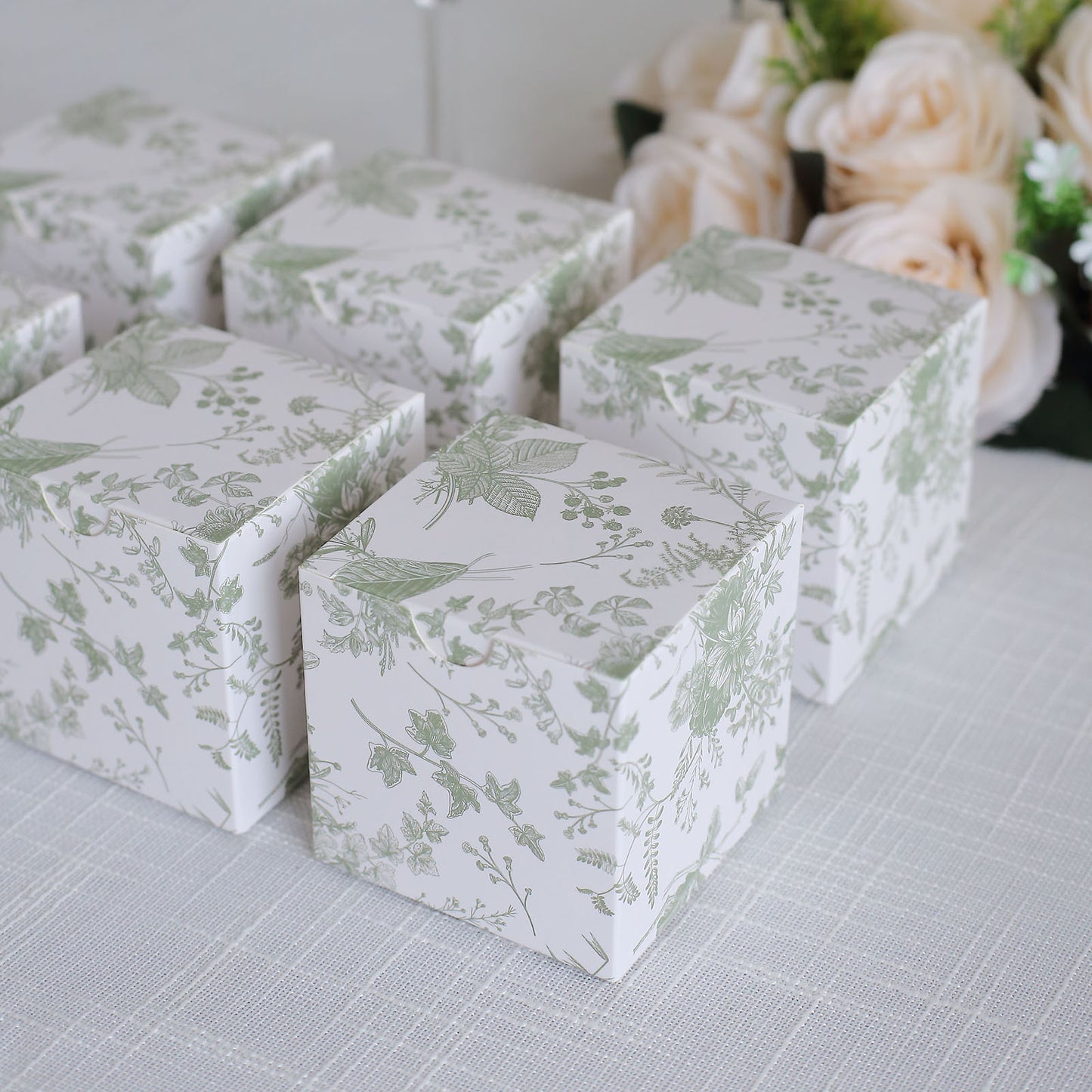 25 Pack White Sage Green Paper Favor Boxes in French Toile Pattern, Cardstock Party Shower Candy Gift Boxes - 3"x3"x3"