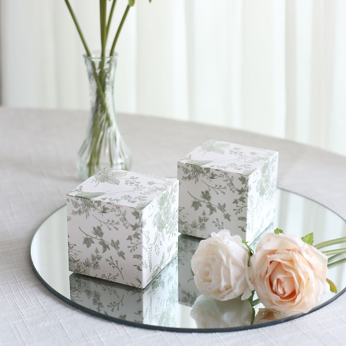 25 Pack White Sage Green Paper Favor Boxes in French Toile Pattern, Cardstock Party Shower Candy Gift Boxes - 3"x3"x3"