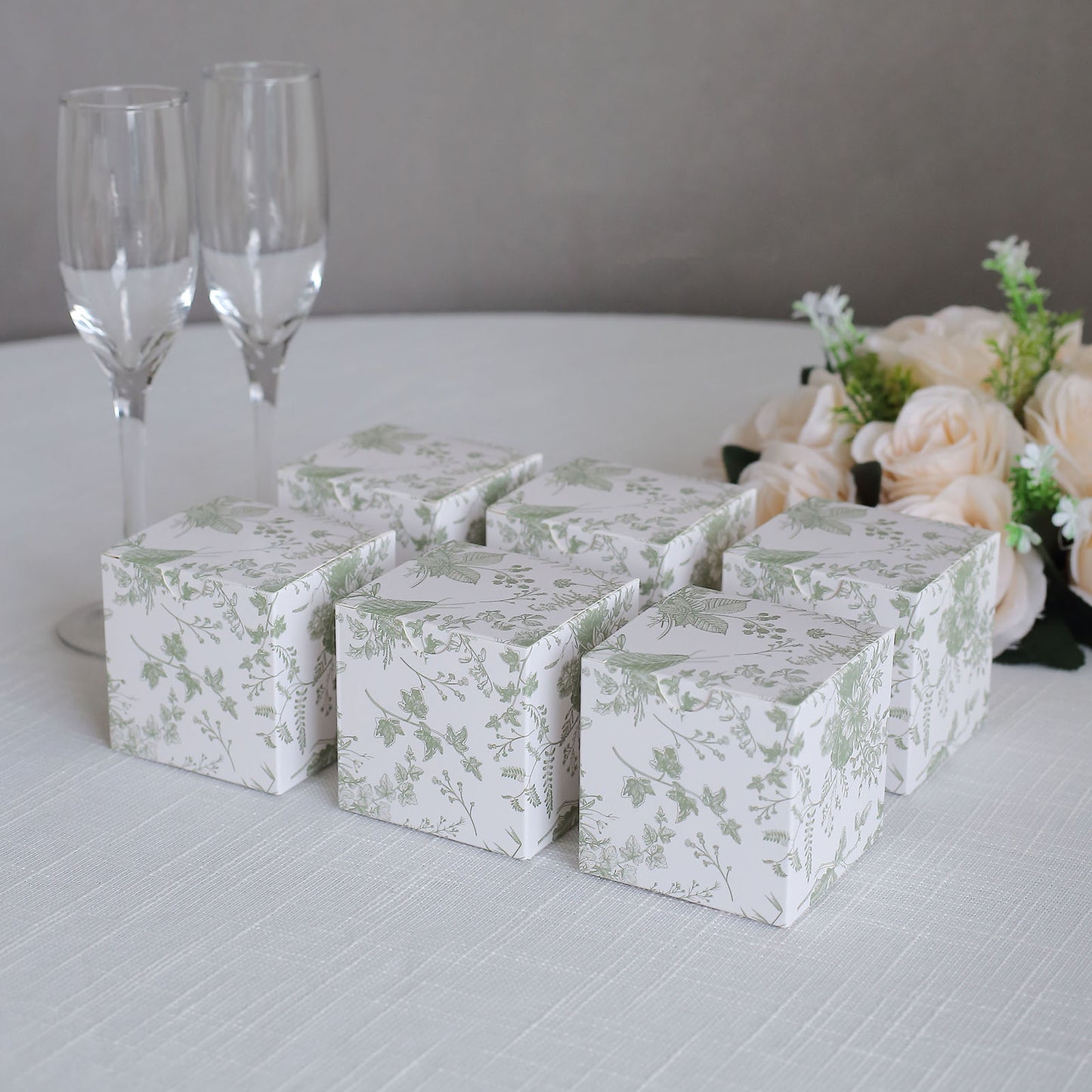 25 Pack White Sage Green Paper Favor Boxes in French Toile Pattern, Cardstock Party Shower Candy Gift Boxes - 3"x3"x3"