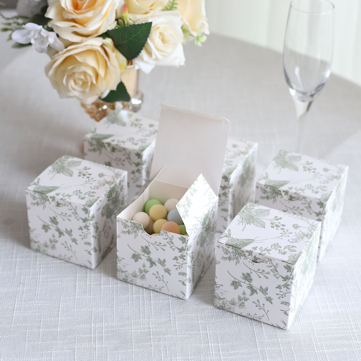 25 Pack White Sage Green Paper Favor Boxes in French Toile Pattern, Cardstock Party Shower Candy Gift Boxes - 3"x3"x3"