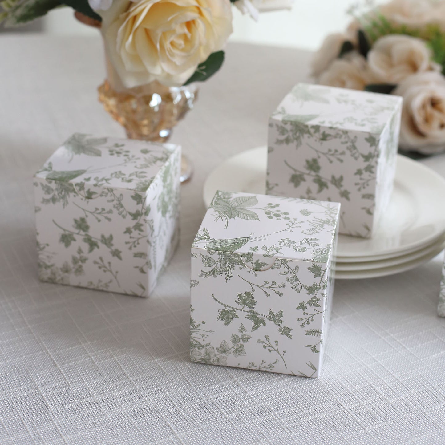 25 Pack White Sage Green Paper Favor Boxes in French Toile Pattern, Cardstock Party Shower Candy Gift Boxes - 3"x3"x3"