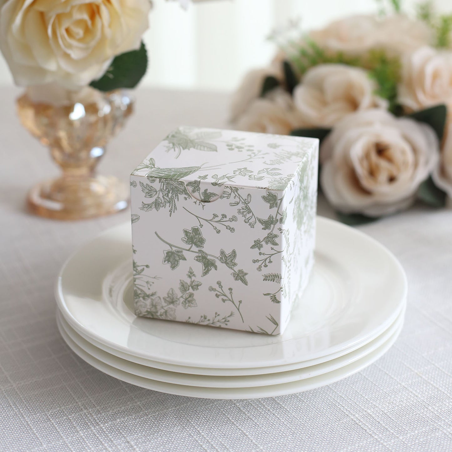 25 Pack White Sage Green Paper Favor Boxes in French Toile Pattern, Cardstock Party Shower Candy Gift Boxes - 3"x3"x3"