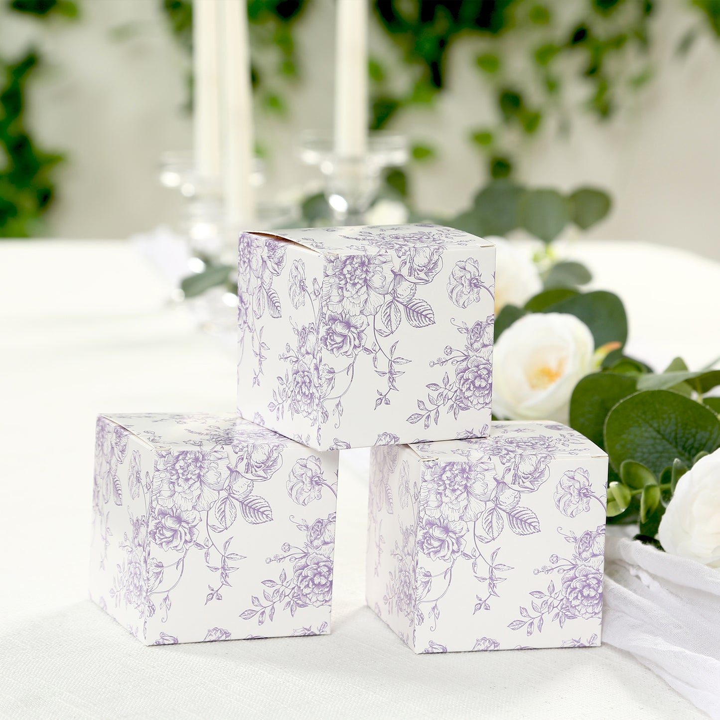 25 Pack Candy Treat Favor Boxes in French Toile Pattern - Matte Lavender and White Party Gift Boxes, Cardstock Paper - 3"x3"