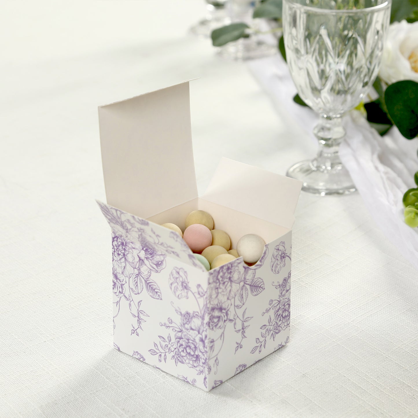 25 Pack Candy Treat Favor Boxes in French Toile Pattern - Matte Lavender and White Party Gift Boxes, Cardstock Paper - 3"x3"