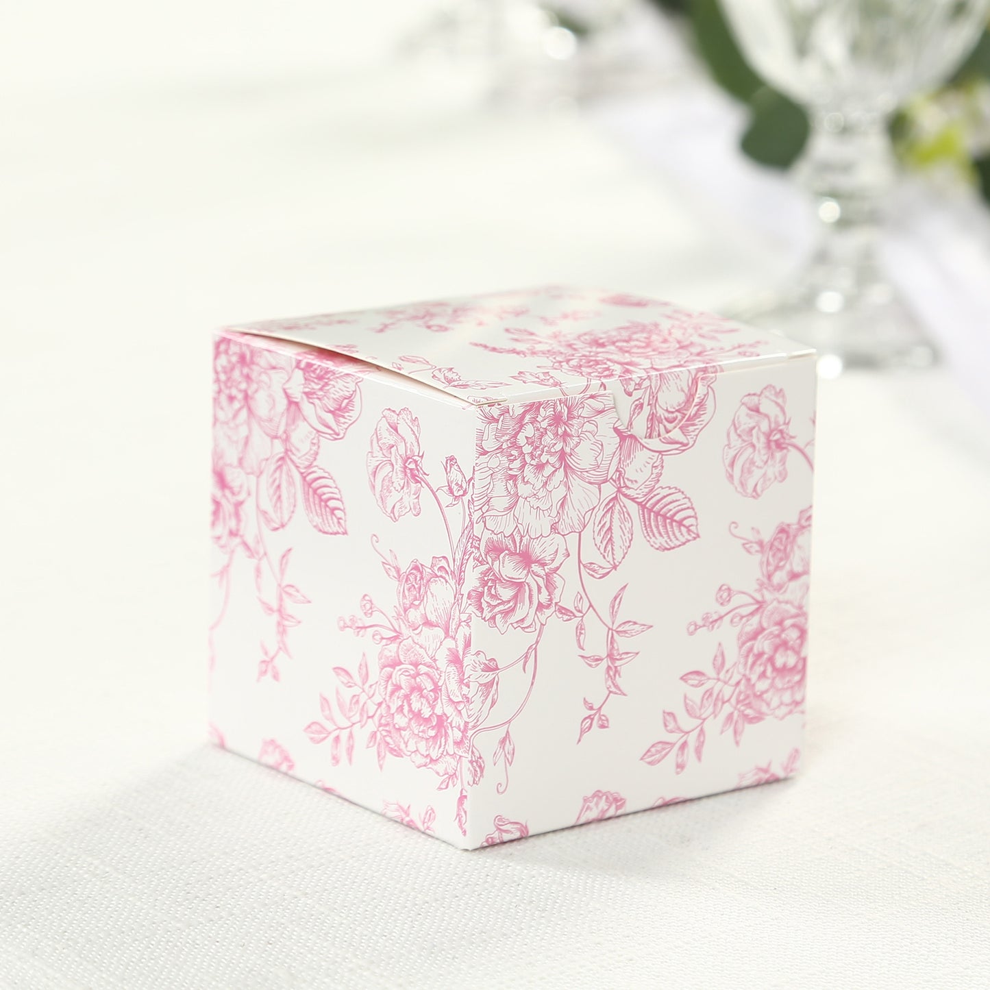 25 Pack Candy Treat Favor Boxes in French Toile Pattern - Matte Pink and White Party Gift Boxes, Cardstock Paper - 3"x3"
