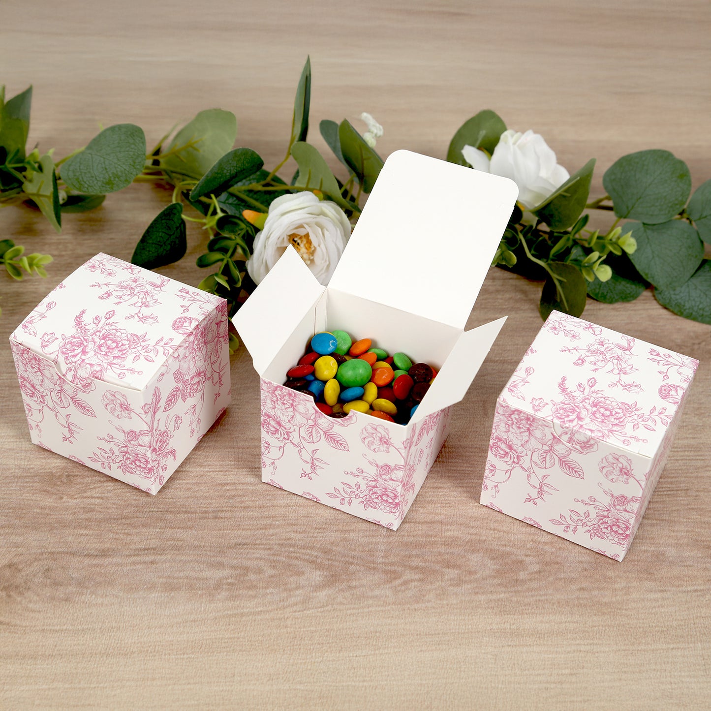 25 Pack Candy Treat Favor Boxes in French Toile Pattern - Matte Pink and White Party Gift Boxes, Cardstock Paper - 3"x3"
