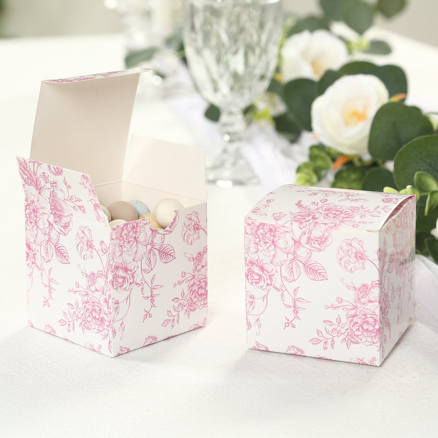 25 Pack Candy Treat Favor Boxes in French Toile Pattern - Matte Pink and White Party Gift Boxes, Cardstock Paper - 3"x3"