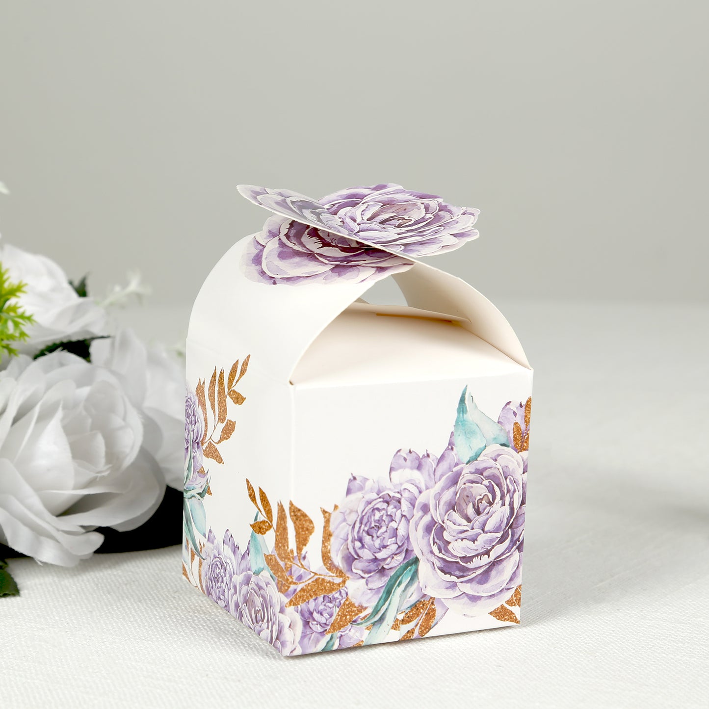 25 Pack Lavender Peony Floral Top Candy Gift Boxes, Lilac Cardstock Paper Party Favor Boxes - 3"x3"x5"