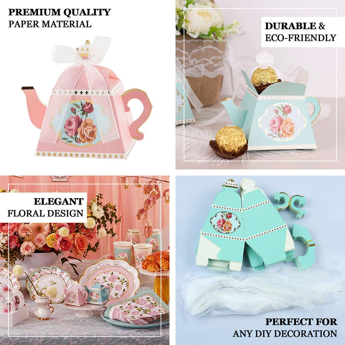 25 Pack | 4" Dusty Rose Mini Teapot Favor Boxes, Tea Time Gift Box with Ribbon