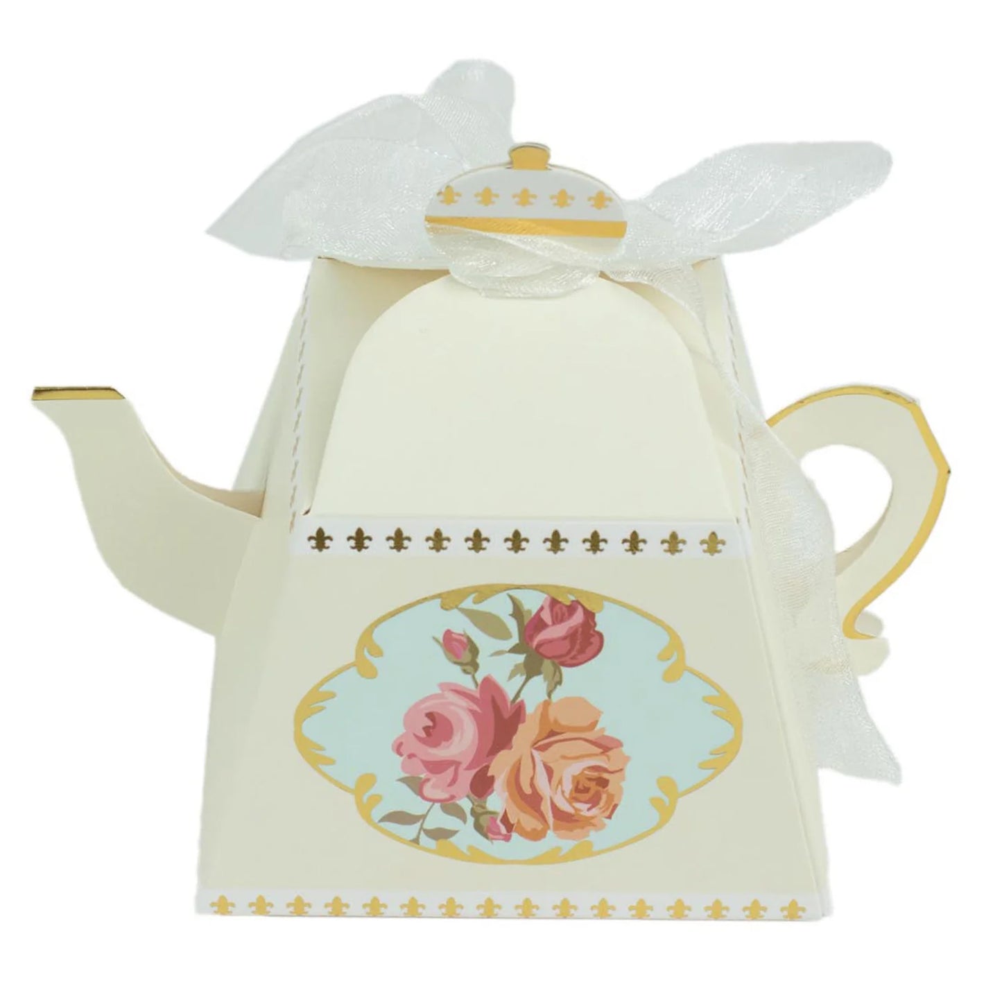 25 Pack 4" Ivory Mini Teapot Favor Boxes, Vintage Rose Gift Boxes with Ribbons