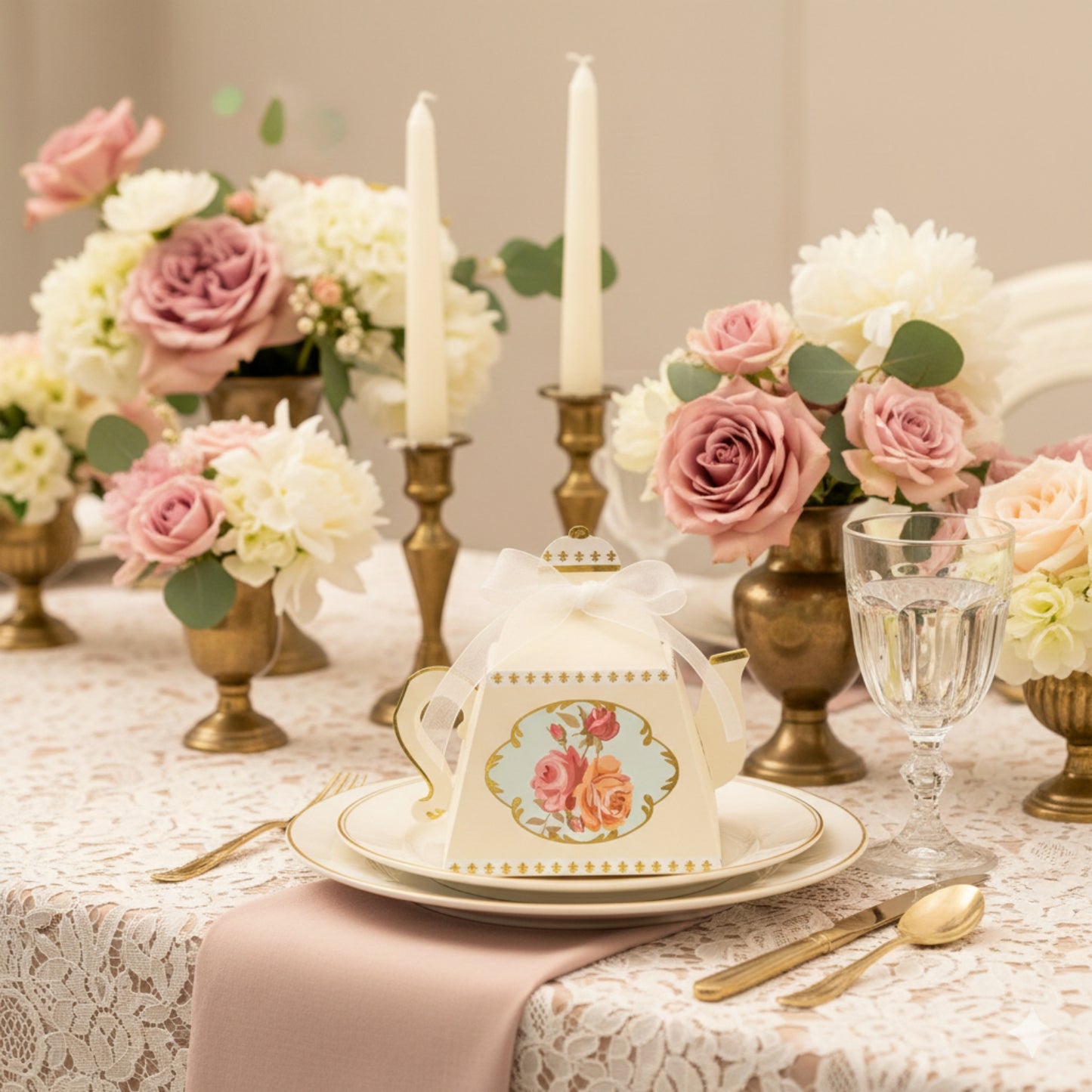 4 Inch Ivory Favor Boxes With Ribbon Tea Pot