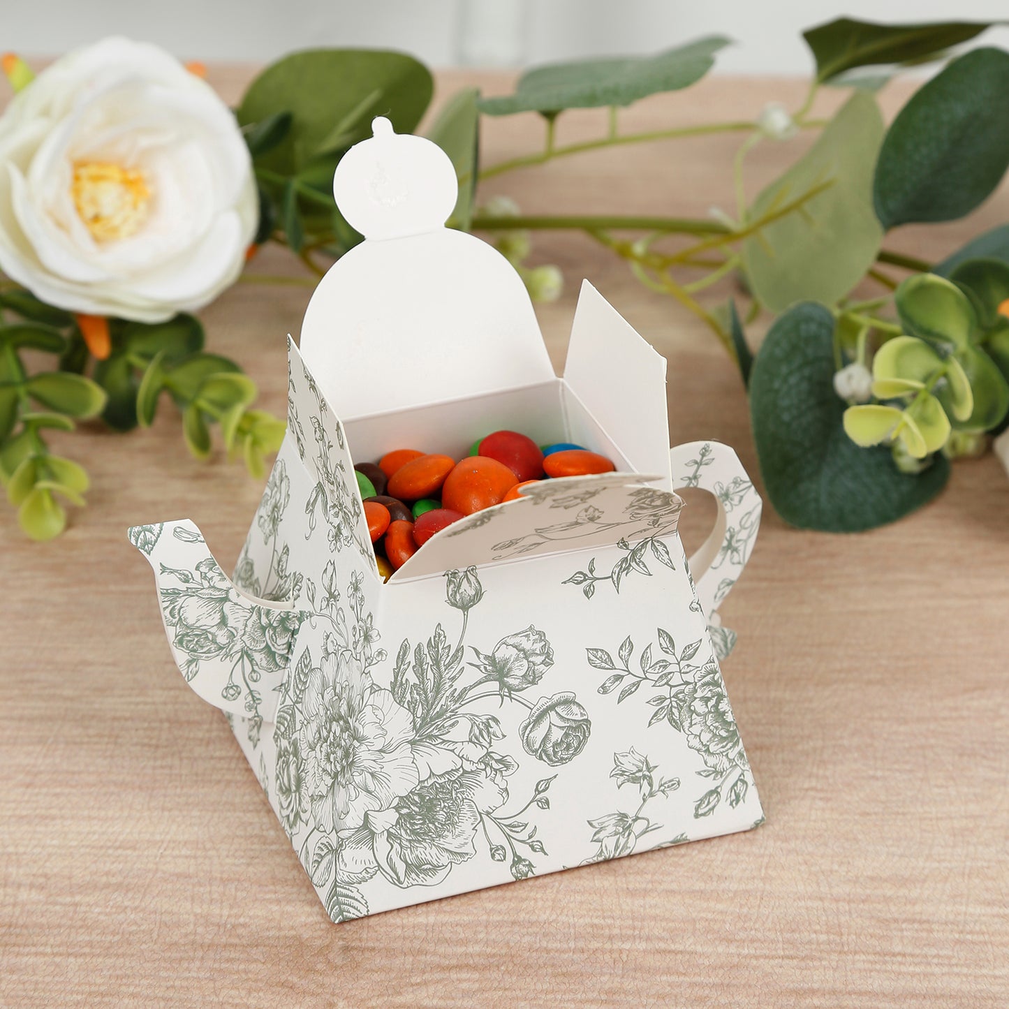 25 Pack 5"x4" Mini Teapot Favor Boxes – White Sage Green French Toile Design Gift Boxes