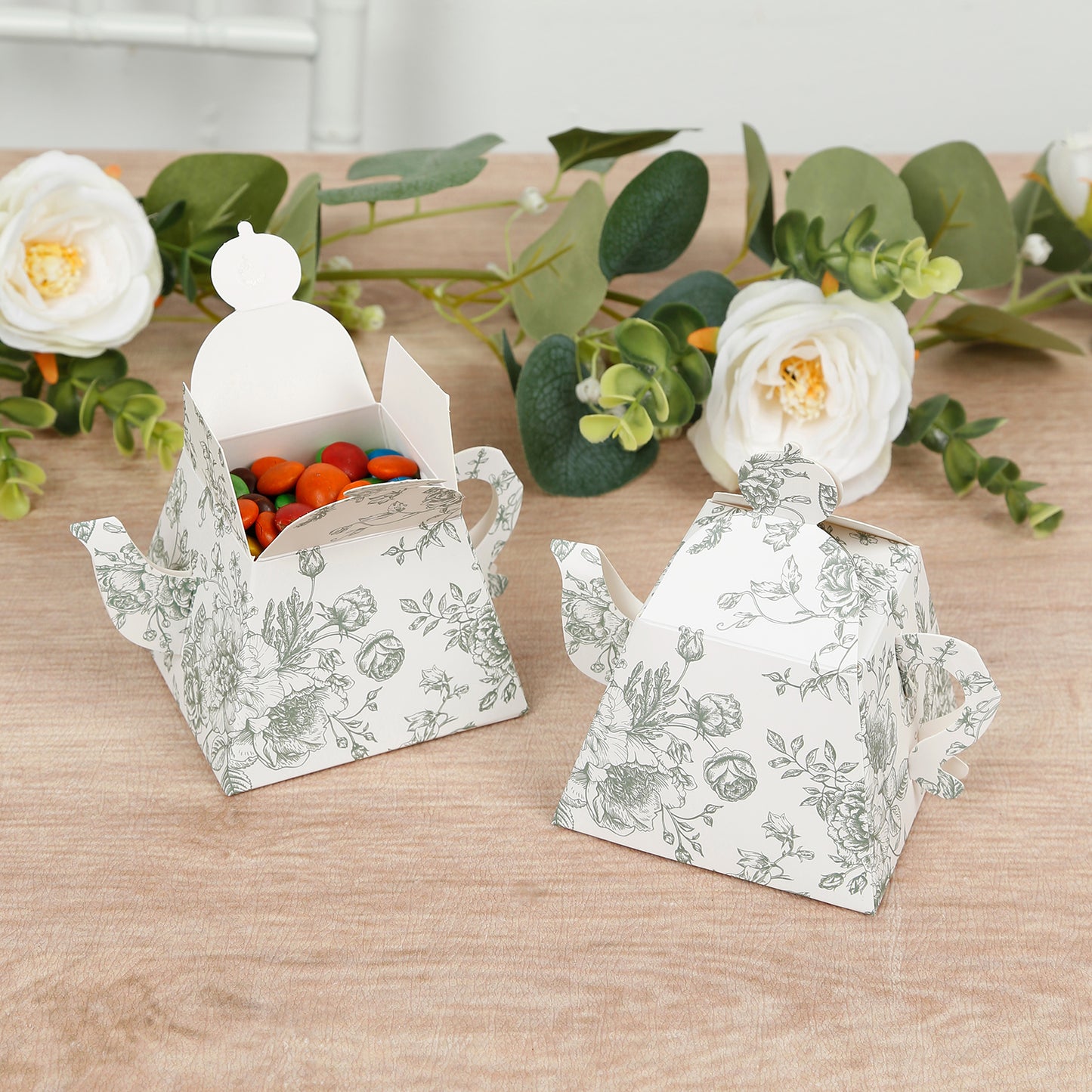 25 Pack 5"x4" Mini Teapot Favor Boxes – White Sage Green French Toile Design Gift Boxes