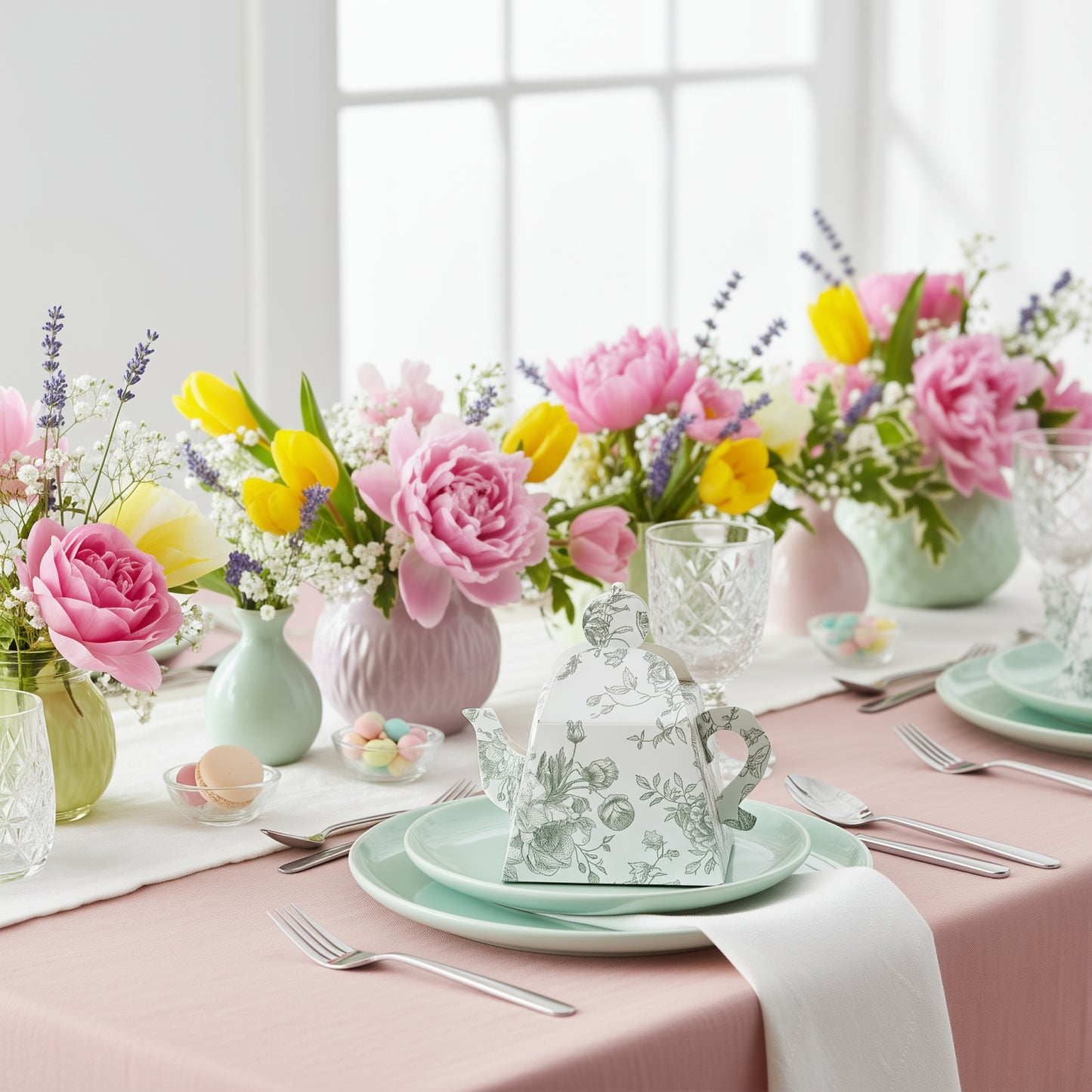 25 Pack 5"x4" Mini Teapot Favor Boxes – White Sage Green French Toile Design Gift Boxes