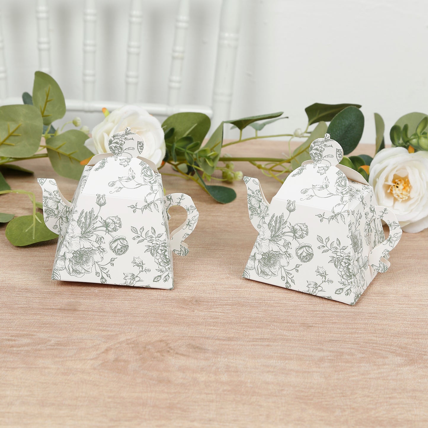 25 Pack 5"x4" Mini Teapot Favor Boxes – White Sage Green French Toile Design Gift Boxes