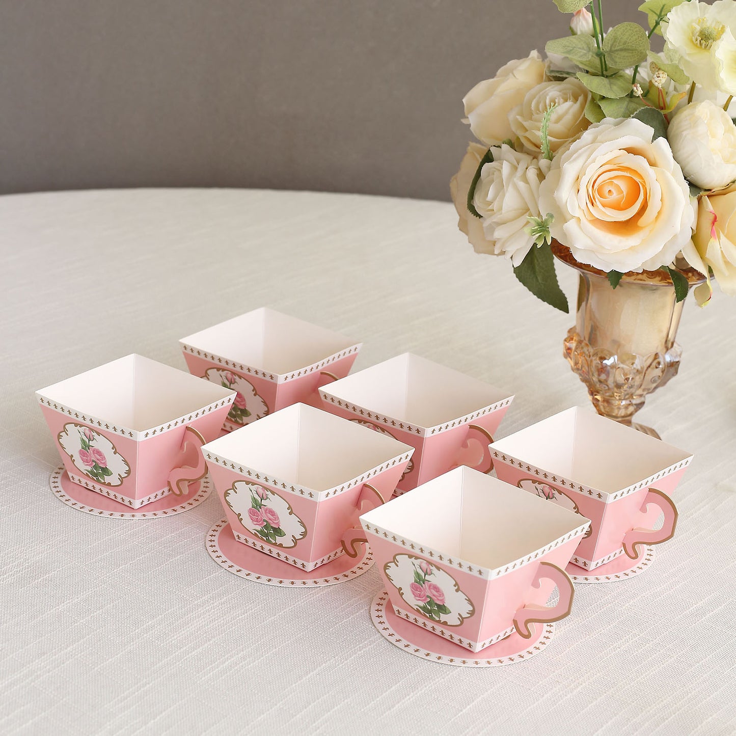 25 Pack Dusty Rose Mini Teacup and Saucer Party Favor Boxes with Rose Floral Print, Tea Time Candy Boxes - 4"x3"