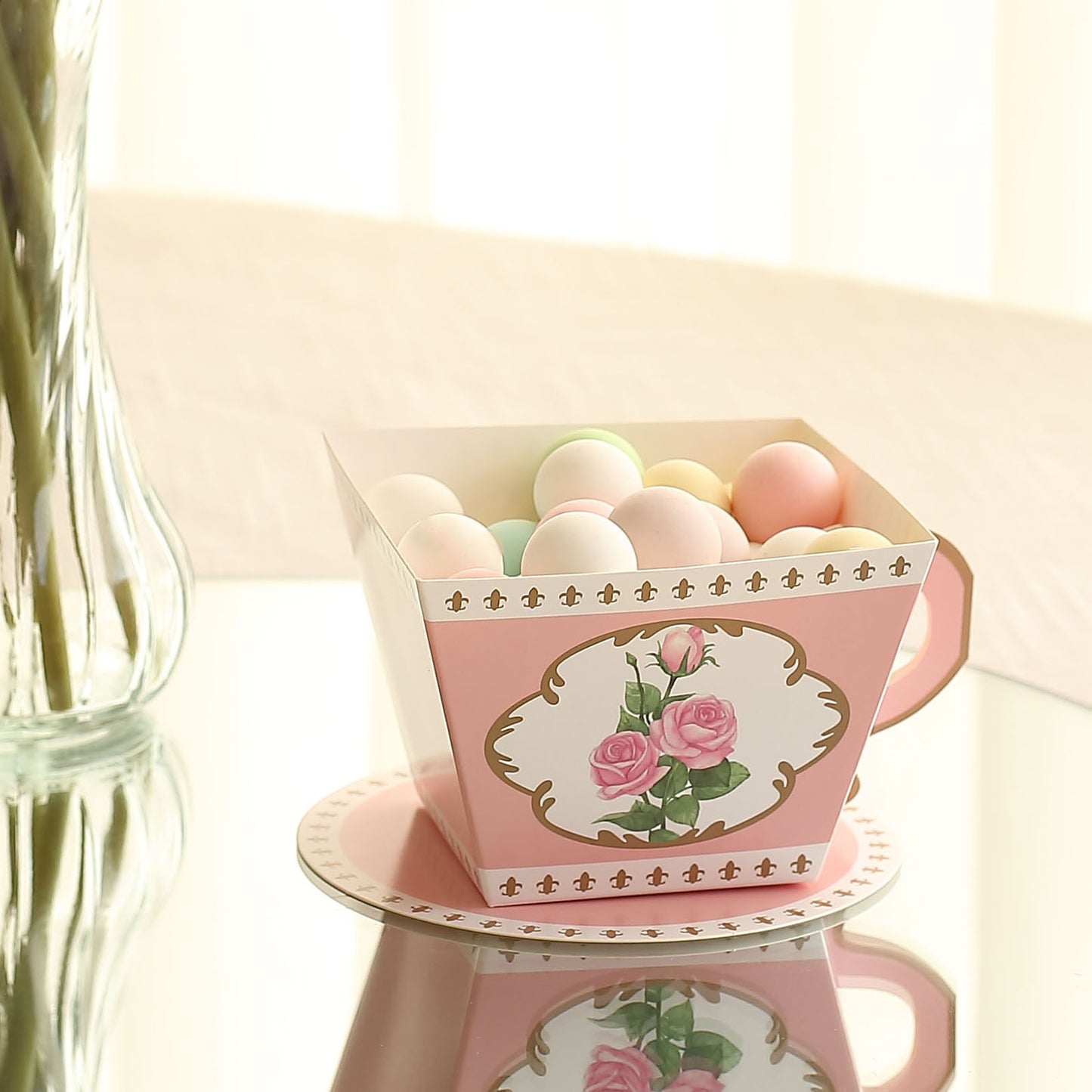 25 Pack Dusty Rose Mini Teacup and Saucer Party Favor Boxes with Rose Floral Print, Tea Time Candy Boxes - 4"x3"