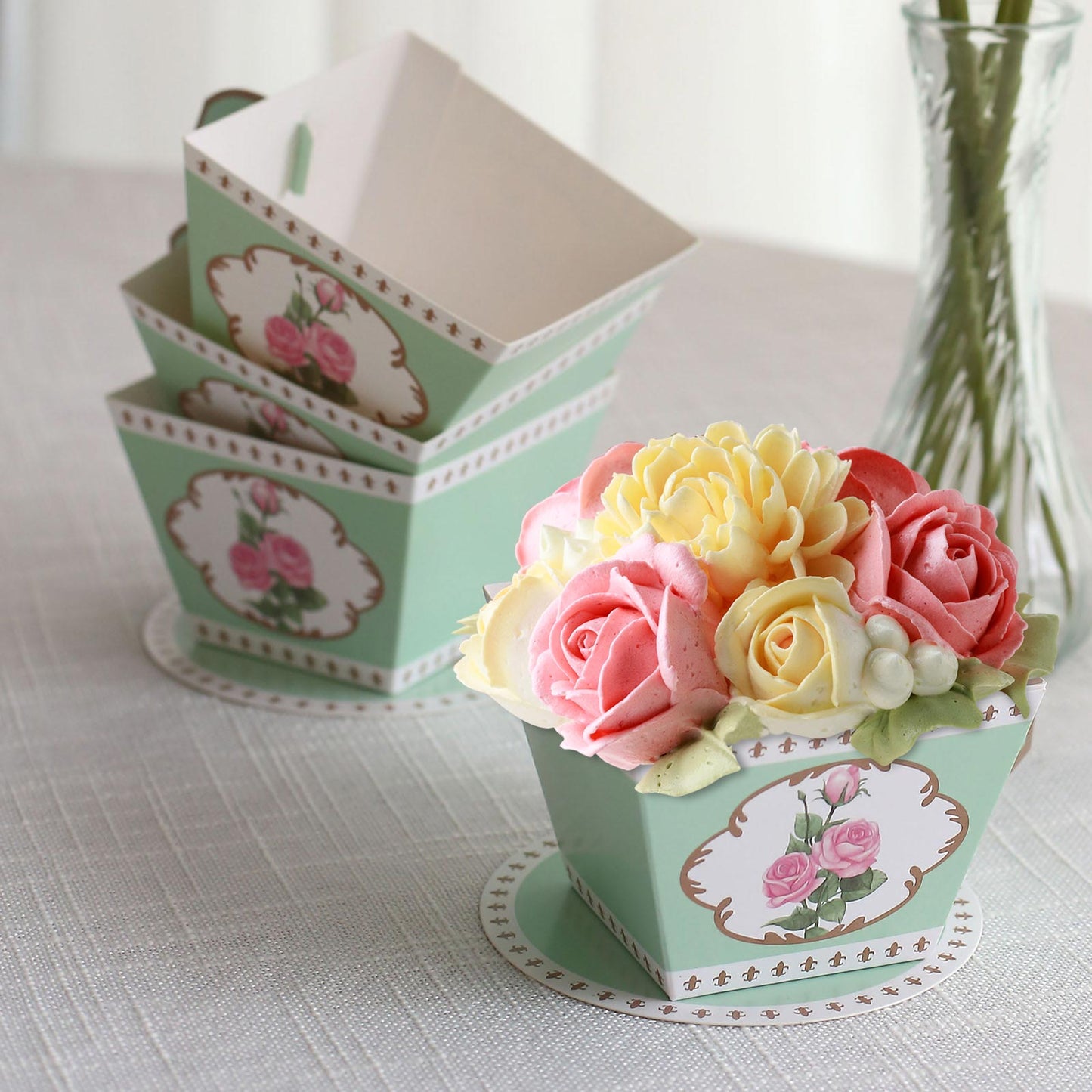 25 Pack Turquoise Mini Teacup and Saucer Party Favor Boxes with Rose Floral Print, Tea Time Candy Boxes - 4"x3"