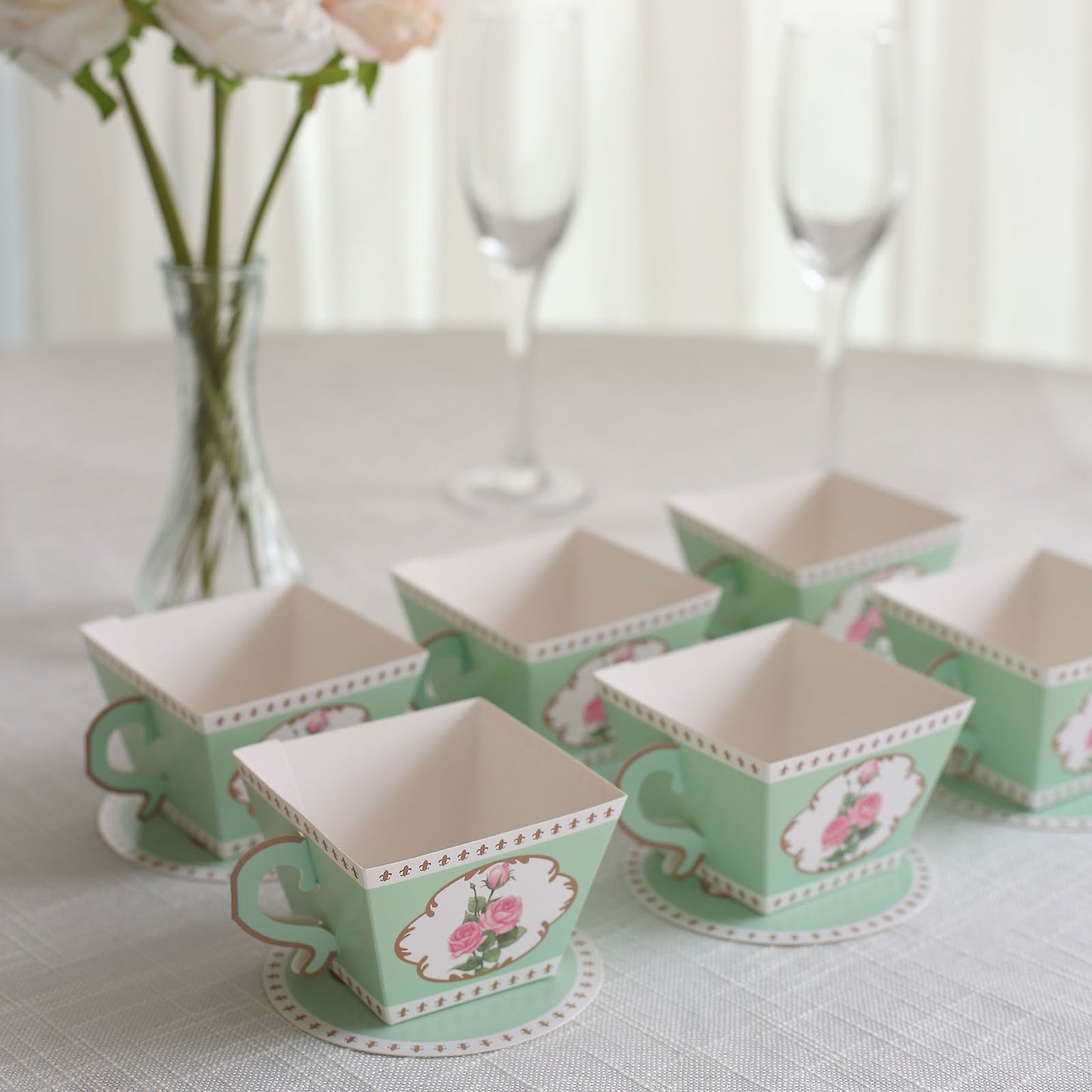 25 Pack Turquoise Mini Teacup and Saucer Party Favor Boxes with Rose Floral Print, Tea Time Candy Boxes - 4"x3"