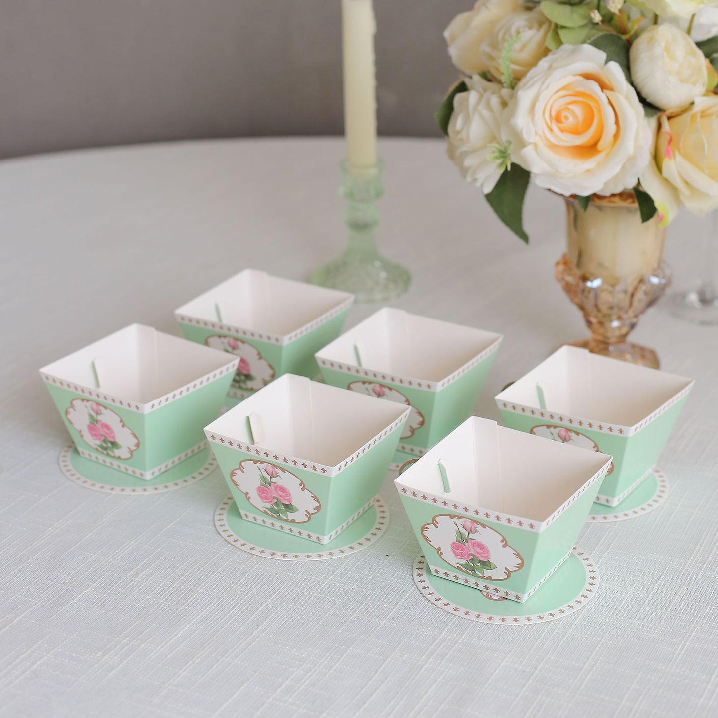 25 Pack Turquoise Mini Teacup and Saucer Party Favor Boxes with Rose Floral Print, Tea Time Candy Boxes - 4"x3"