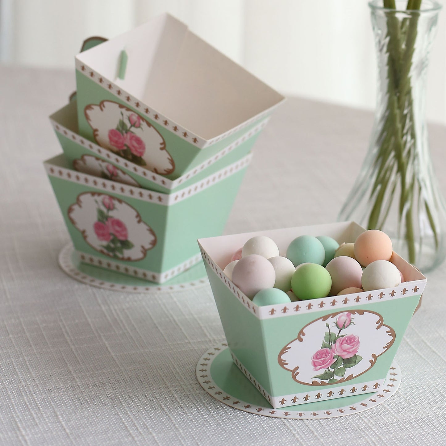 25 Pack Turquoise Mini Teacup and Saucer Party Favor Boxes with Rose Floral Print, Tea Time Candy Boxes - 4"x3"