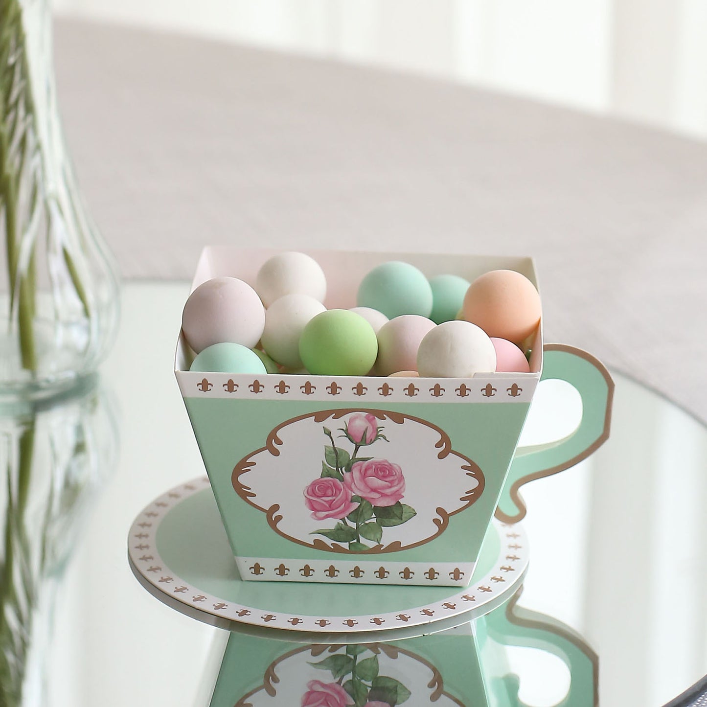 25 Pack Turquoise Mini Teacup and Saucer Party Favor Boxes with Rose Floral Print, Tea Time Candy Boxes - 4"x3"