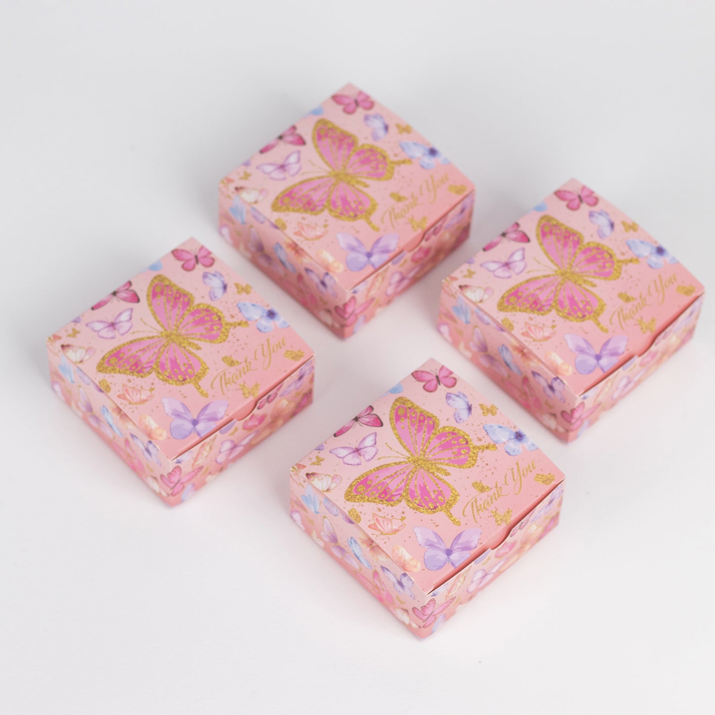 25 Pack Pink Butterfly Themed Candy Gift Boxes with "Thank You" Print, Cardstock Paper Party Favor Boxes - 4"x4"x2"