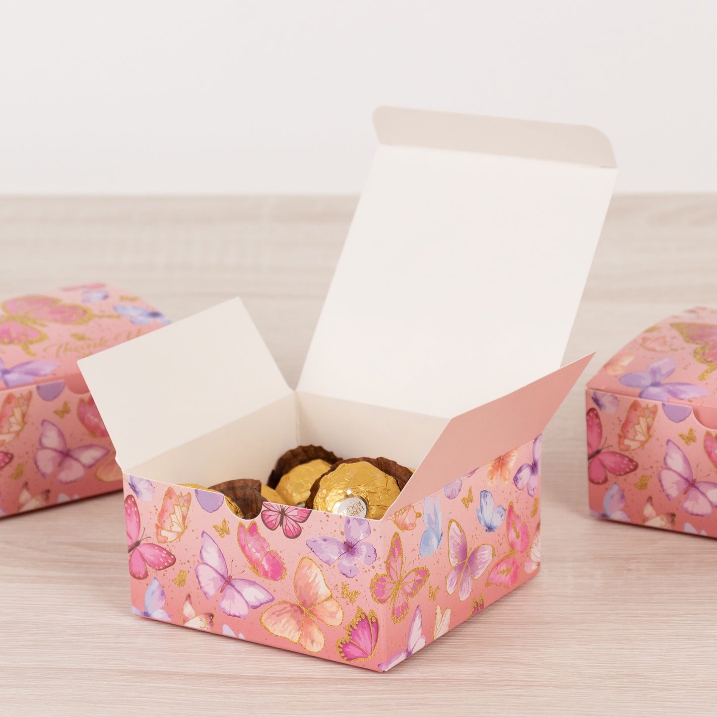 25 Pack Pink Butterfly Themed Candy Gift Boxes with "Thank You" Print, Cardstock Paper Party Favor Boxes - 4"x4"x2"