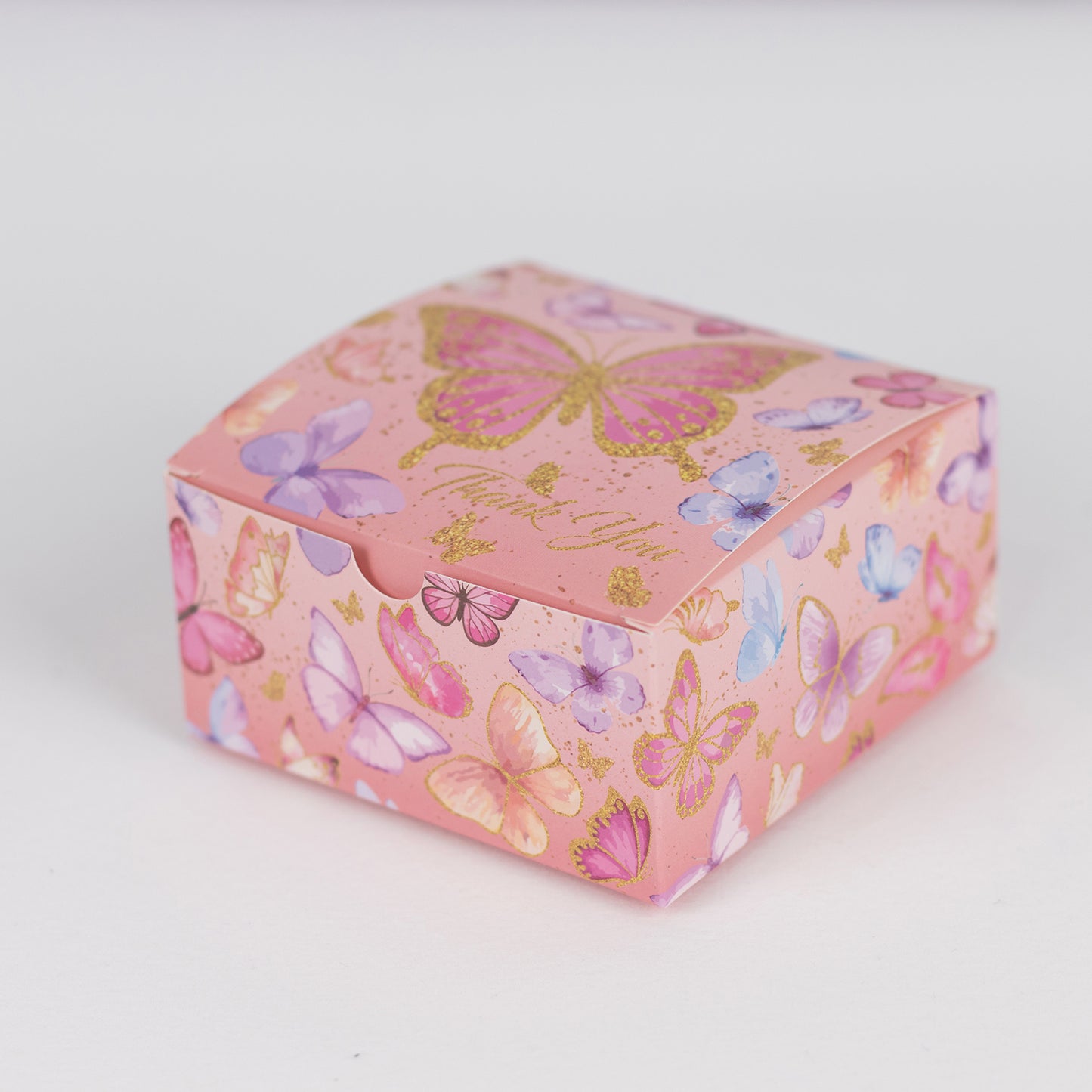 25 Pack Pink Butterfly Themed Candy Gift Boxes with "Thank You" Print, Cardstock Paper Party Favor Boxes - 4"x4"x2"