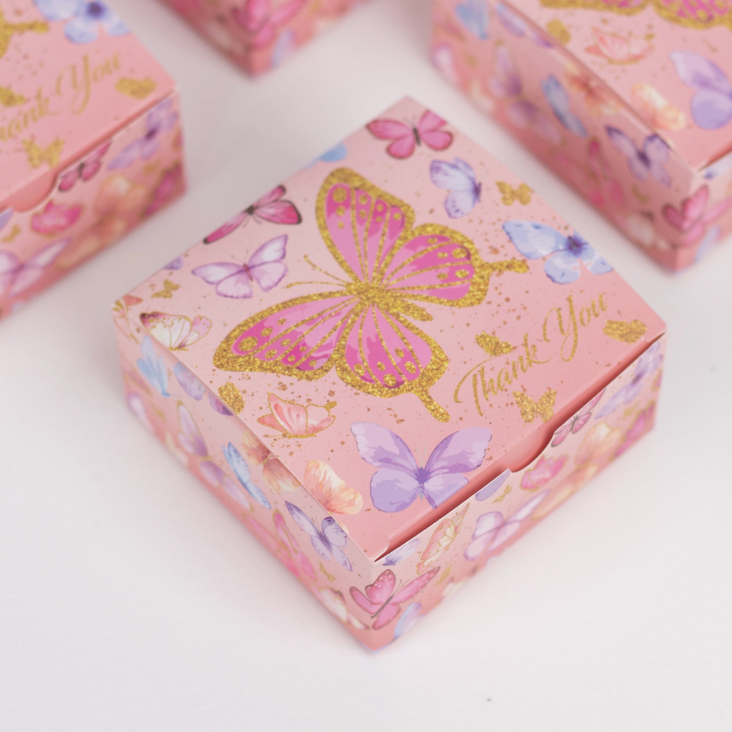 25 Pack Pink Butterfly Themed Candy Gift Boxes with "Thank You" Print, Cardstock Paper Party Favor Boxes - 4"x4"x2"