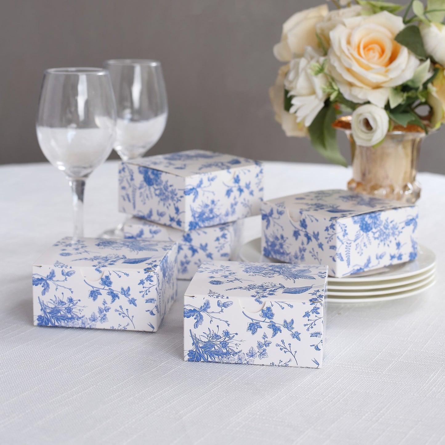 25 Pack White Blue Paper Favor Boxes in French Toile Pattern, Cardstock Party Shower Candy Gift Boxes - 4"x4"x2"