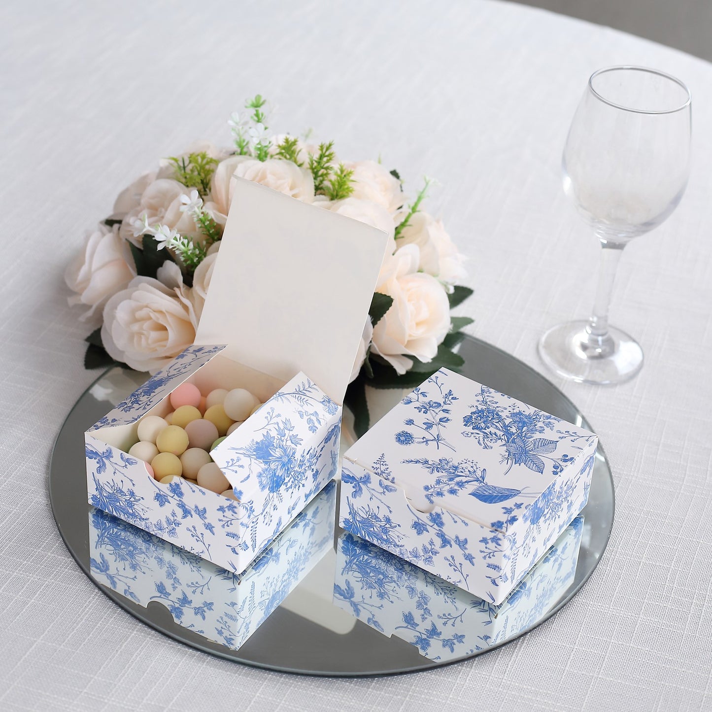 25 Pack White Blue Paper Favor Boxes in French Toile Pattern, Cardstock Party Shower Candy Gift Boxes - 4"x4"x2"