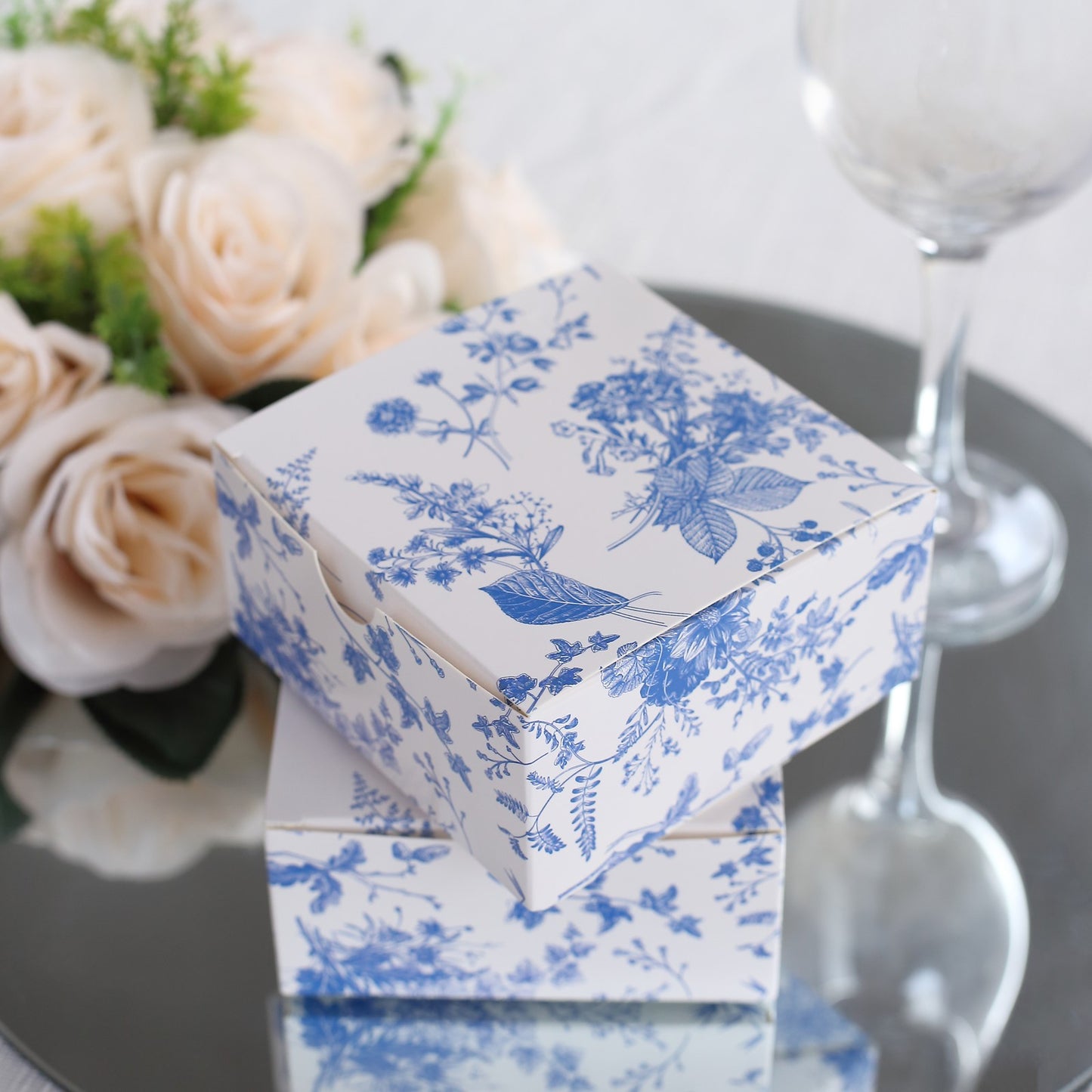 25 Pack White Blue Paper Favor Boxes in French Toile Pattern, Cardstock Party Shower Candy Gift Boxes - 4"x4"x2"