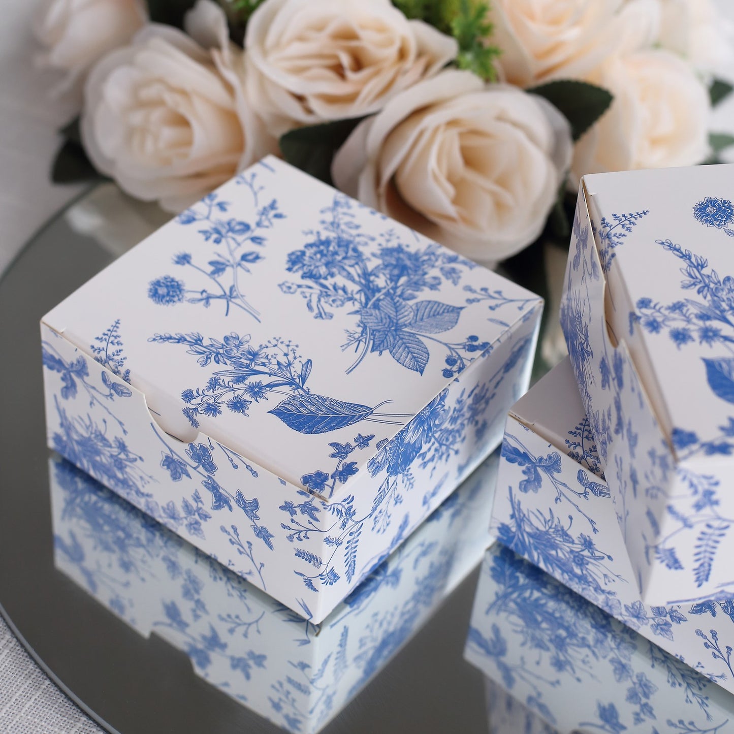 25 Pack White Blue Paper Favor Boxes in French Toile Pattern, Cardstock Party Shower Candy Gift Boxes - 4"x4"x2"