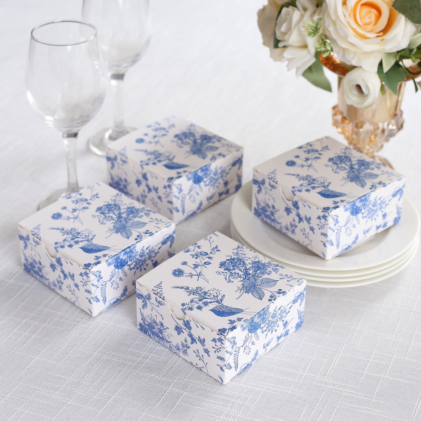 25 Pack White Blue Paper Favor Boxes in French Toile Pattern, Cardstock Party Shower Candy Gift Boxes - 4"x4"x2"