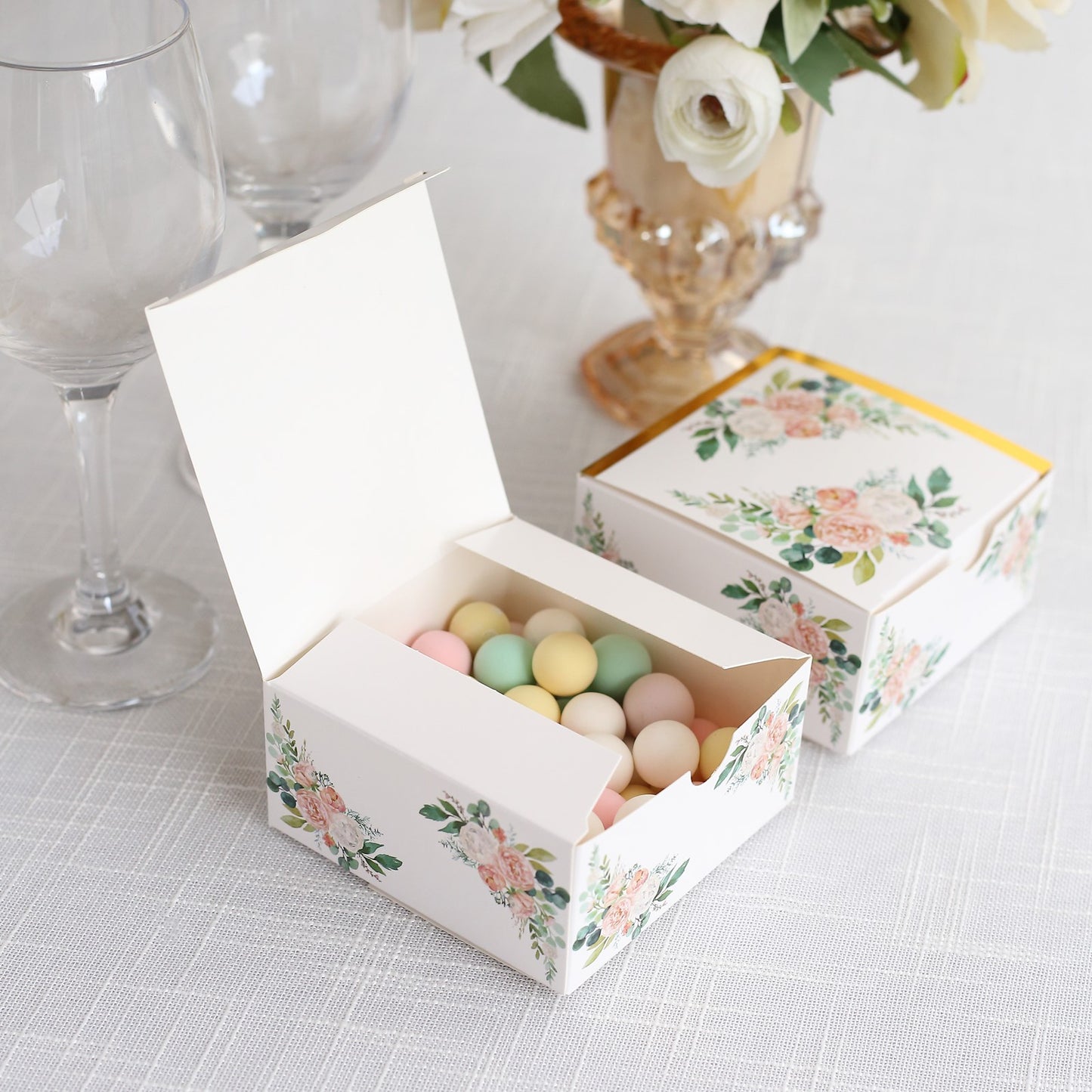 25 Pack White Pink Peony Flowers Print Paper Favor Boxes with Gold Edge, Cardstock Party Shower Candy Gift Boxes - 4"x4"x2"