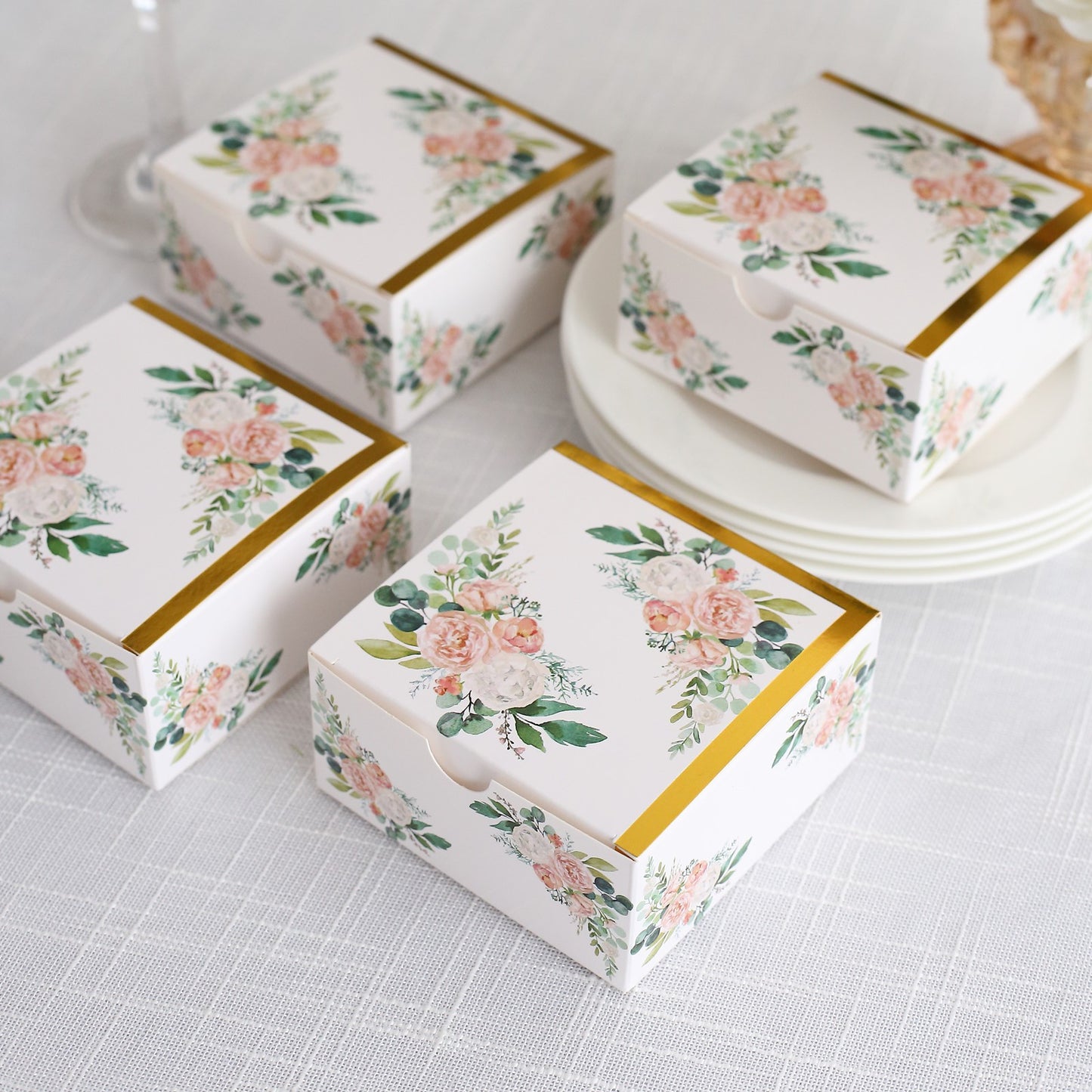 25 Pack White Pink Peony Flowers Print Paper Favor Boxes with Gold Edge, Cardstock Party Shower Candy Gift Boxes - 4"x4"x2"