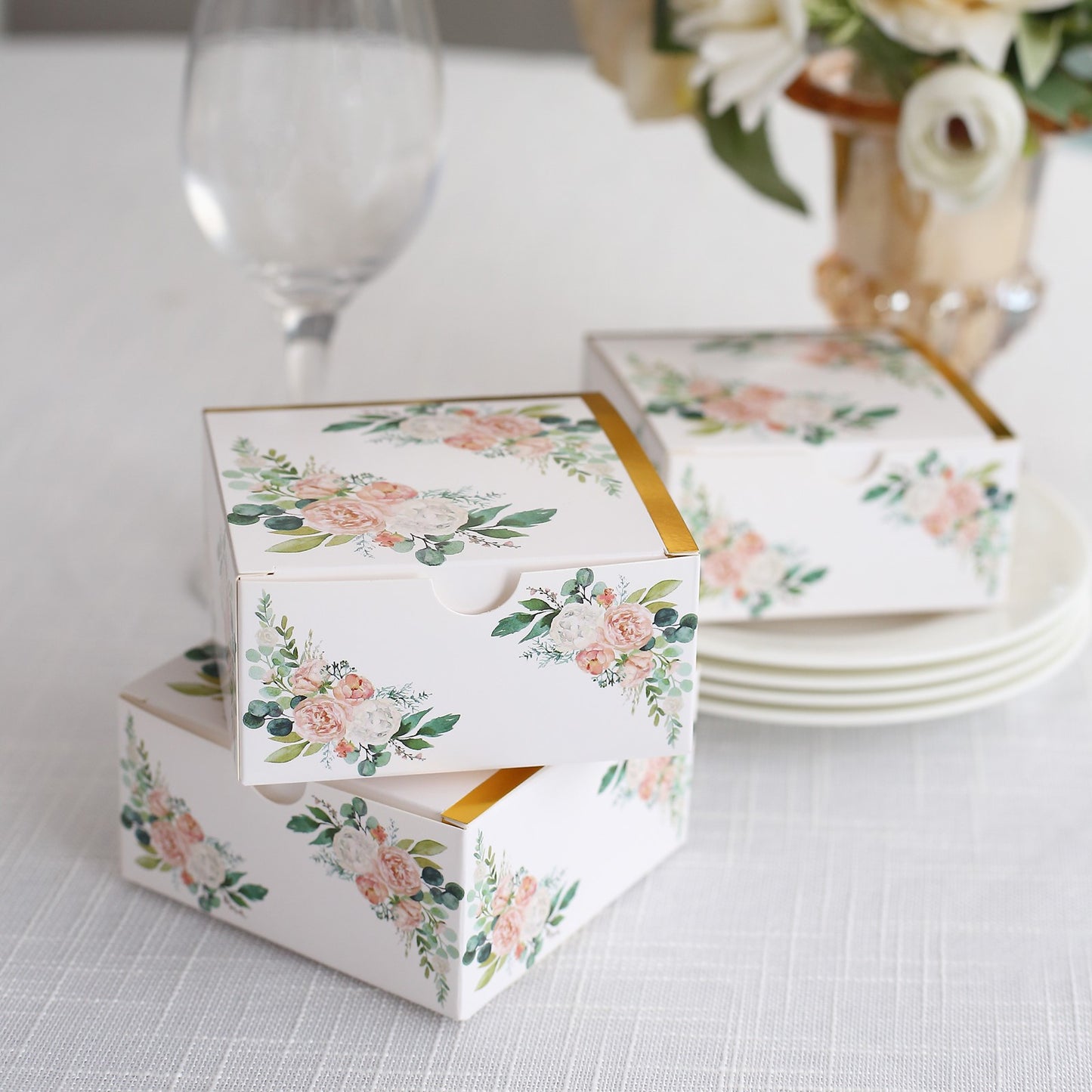 25 Pack White Pink Peony Flowers Print Paper Favor Boxes with Gold Edge, Cardstock Party Shower Candy Gift Boxes - 4"x4"x2"