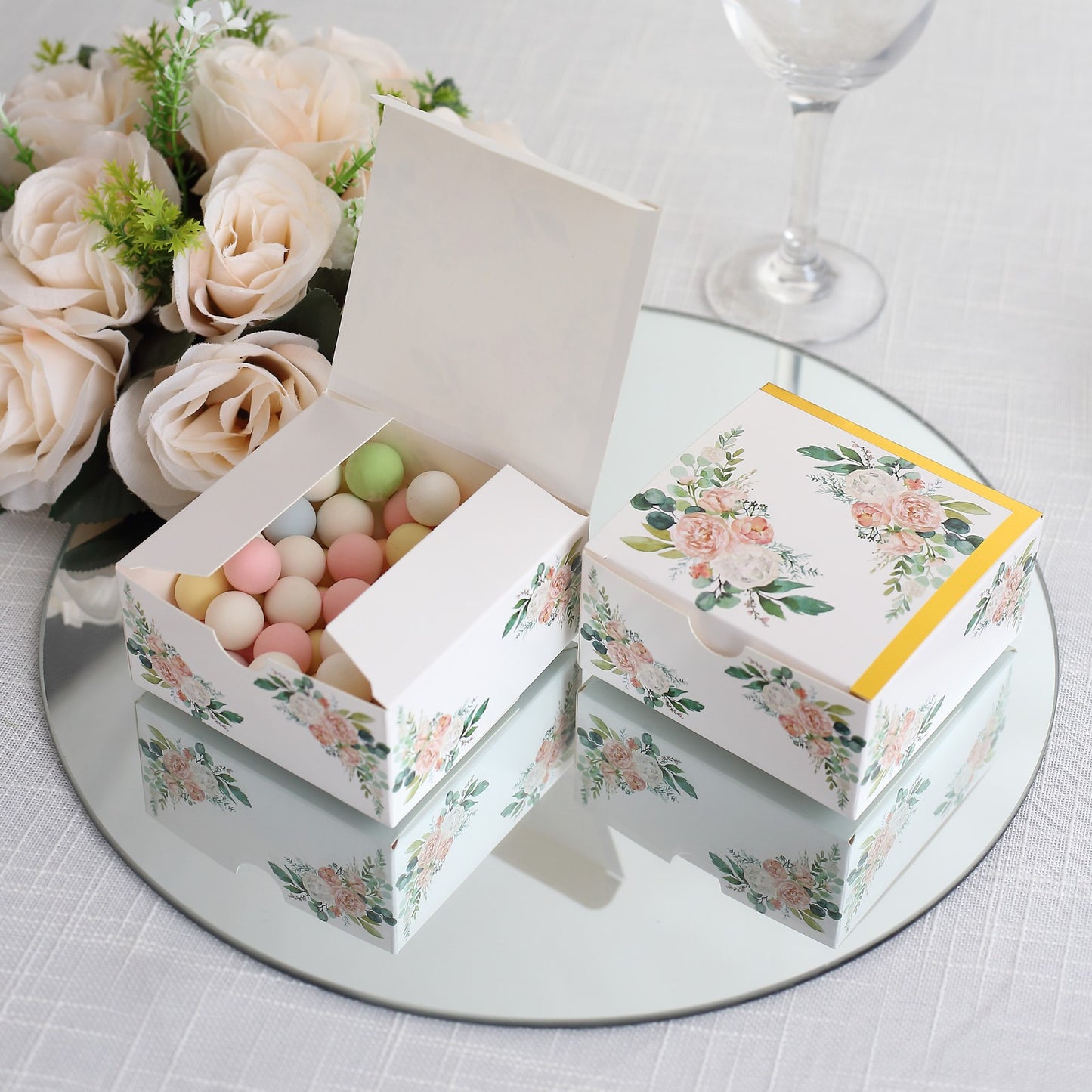 25 Pack White Pink Peony Flowers Print Paper Favor Boxes with Gold Edge, Cardstock Party Shower Candy Gift Boxes - 4"x4"x2"