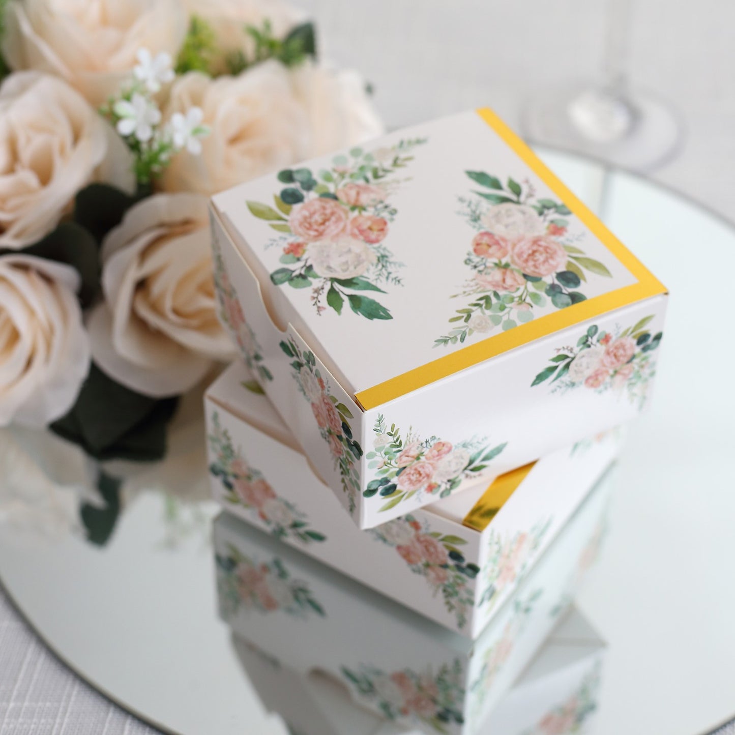 25 Pack White Pink Peony Flowers Print Paper Favor Boxes with Gold Edge, Cardstock Party Shower Candy Gift Boxes - 4"x4"x2"