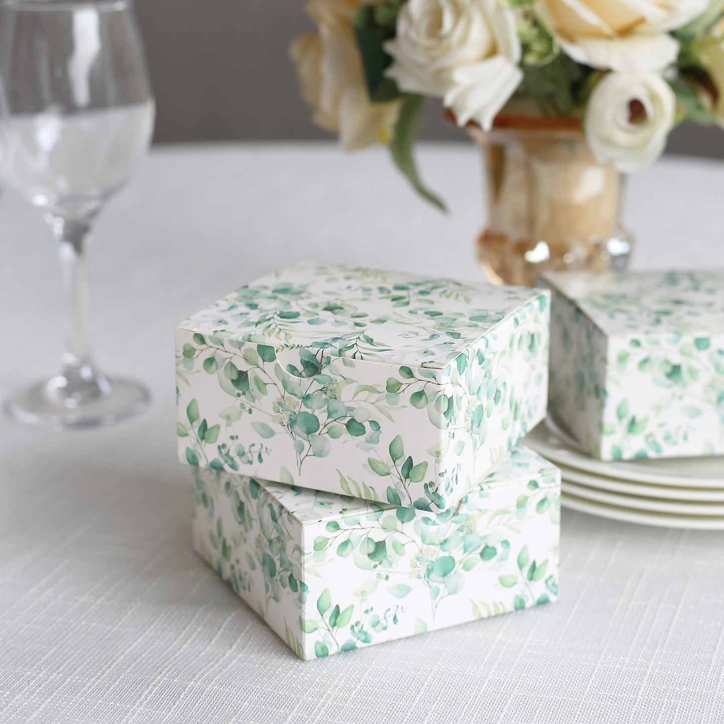 25 Pack White Green Eucalyptus Leaves Print Paper Favor Boxes, Cardstock Party Shower Candy Gift Boxes - 4"x4"x2"