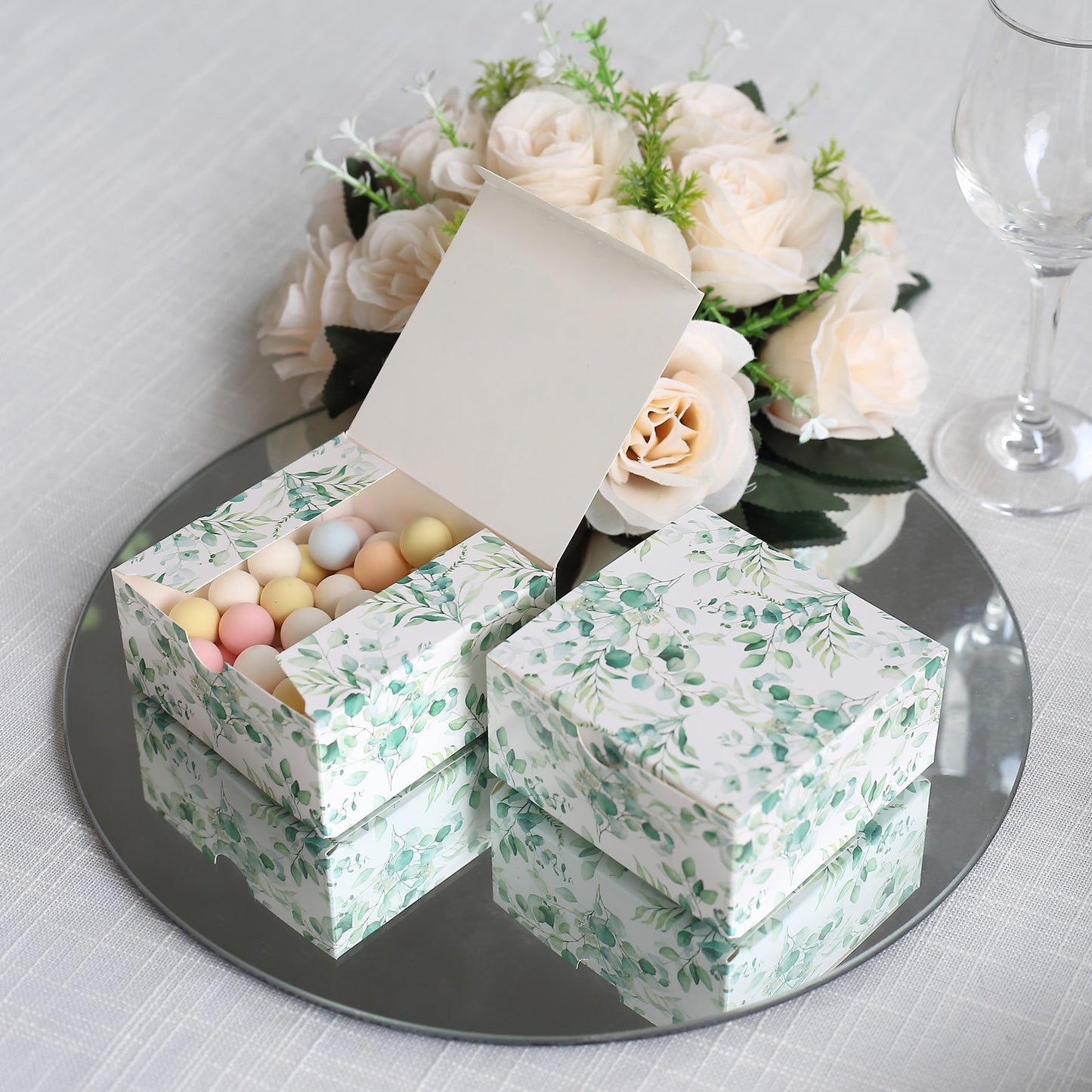 25 Pack White Green Eucalyptus Leaves Print Paper Favor Boxes, Cardstock Party Shower Candy Gift Boxes - 4"x4"x2"