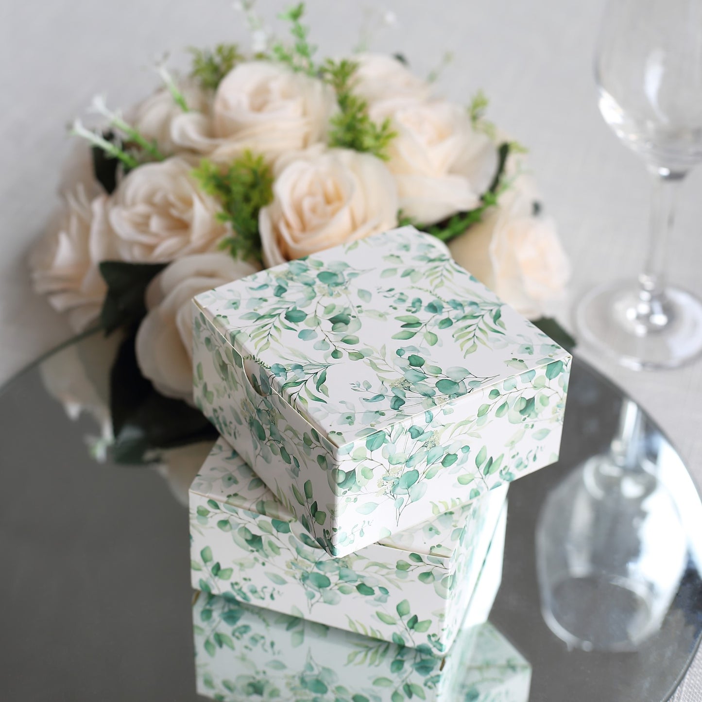 25 Pack White Green Eucalyptus Leaves Print Paper Favor Boxes, Cardstock Party Shower Candy Gift Boxes - 4"x4"x2"