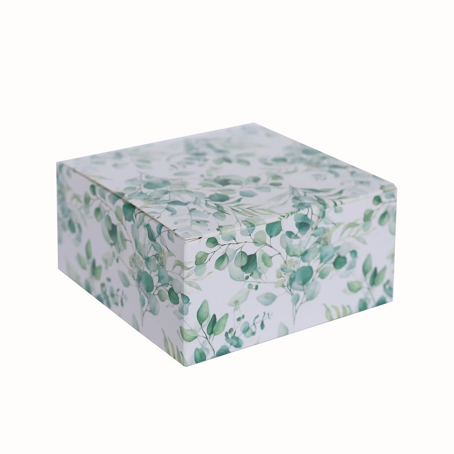 25 Pack White Green Eucalyptus Leaves Print Paper Favor Boxes, Cardstock Party Shower Candy Gift Boxes - 4"x4"x2"