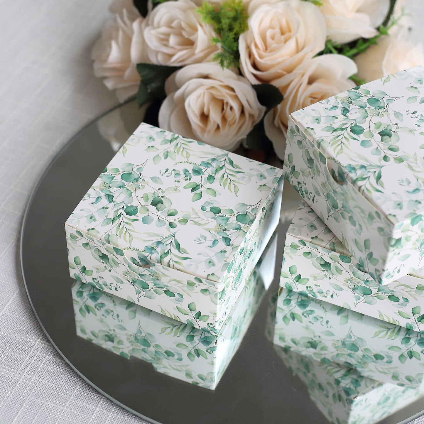 25 Pack White Green Eucalyptus Leaves Print Paper Favor Boxes, Cardstock Party Shower Candy Gift Boxes - 4"x4"x2"