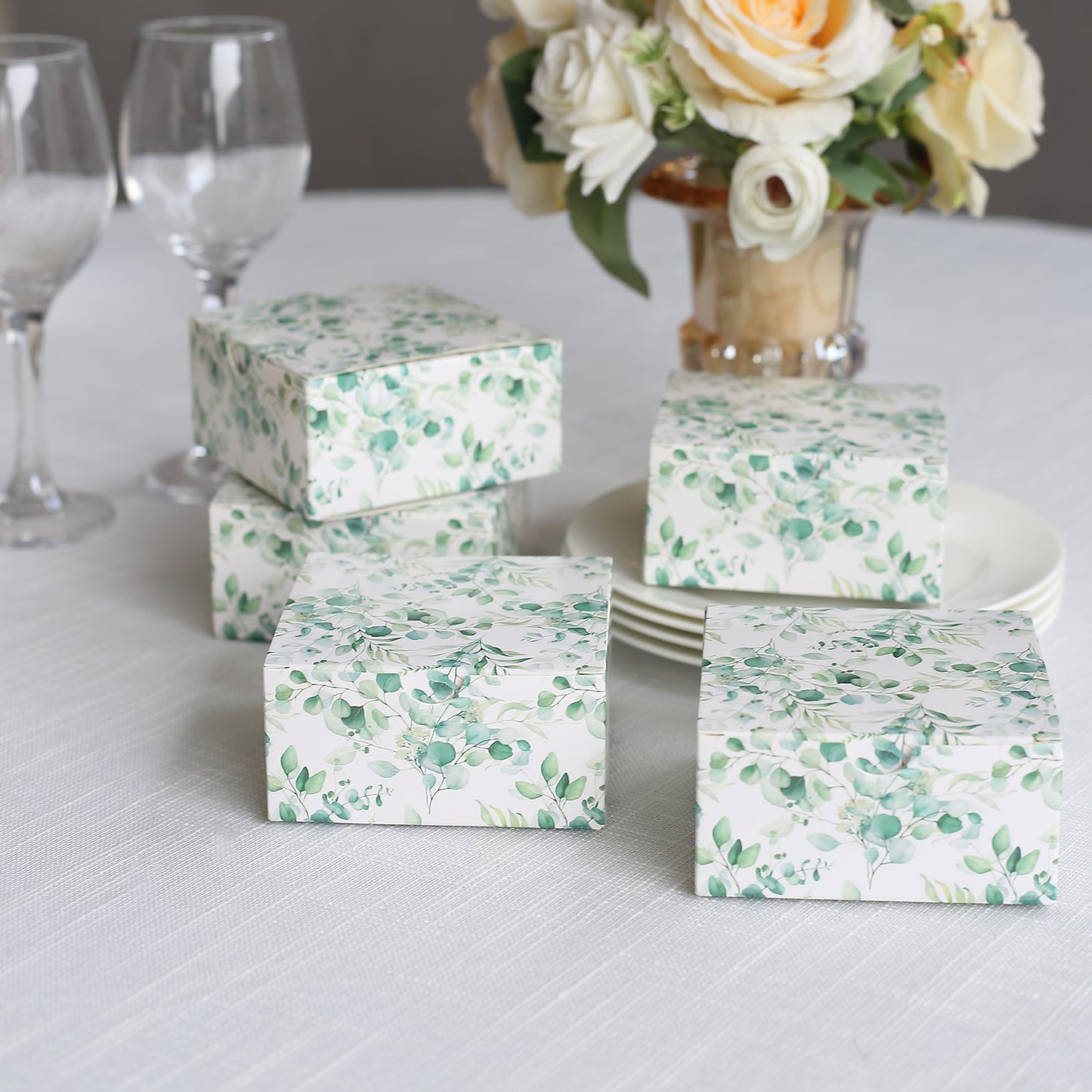 25 Pack White Green Eucalyptus Leaves Print Paper Favor Boxes, Cardstock Party Shower Candy Gift Boxes - 4"x4"x2"