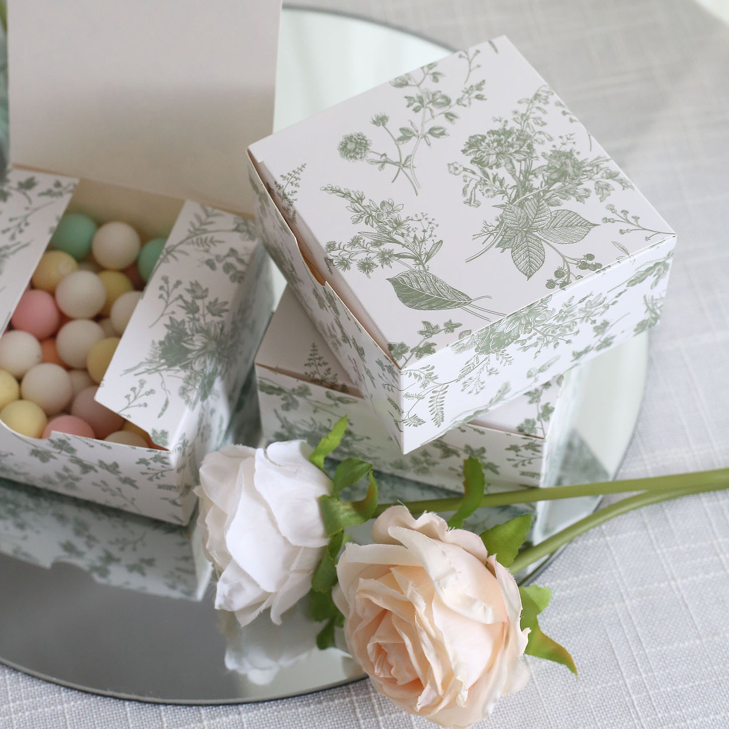 25 Pack White Sage Green Paper Favor Boxes in French Toile Pattern, Cardstock Party Shower Candy Gift Boxes - 4"x4"x2"