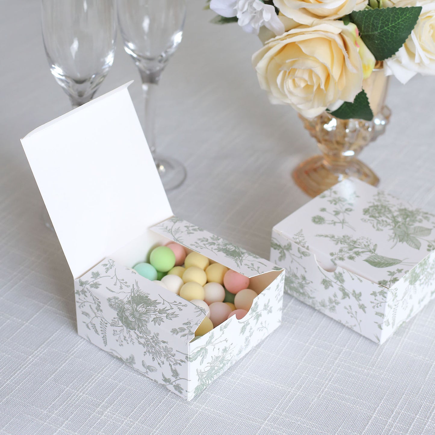 25 Pack White Sage Green Paper Favor Boxes in French Toile Pattern, Cardstock Party Shower Candy Gift Boxes - 4"x4"x2"