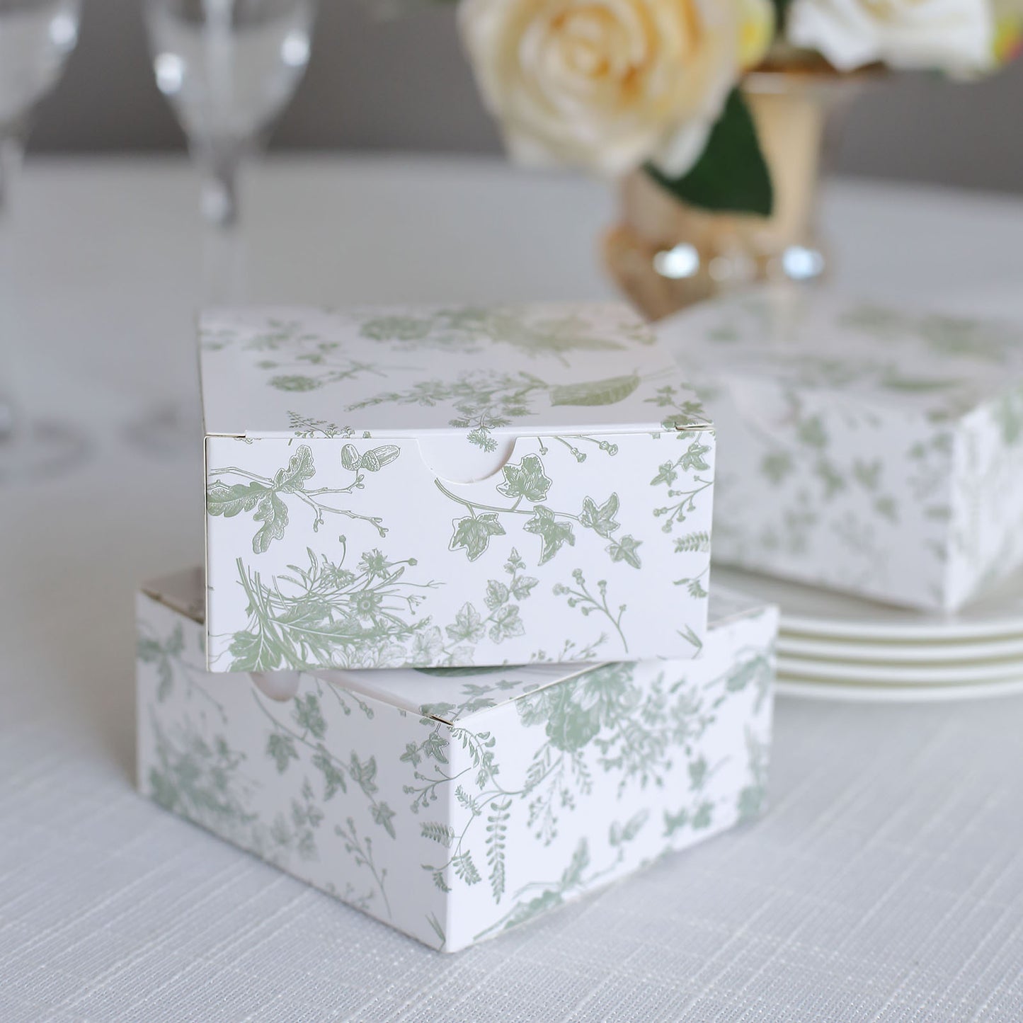 25 Pack White Sage Green Paper Favor Boxes in French Toile Pattern, Cardstock Party Shower Candy Gift Boxes - 4"x4"x2"