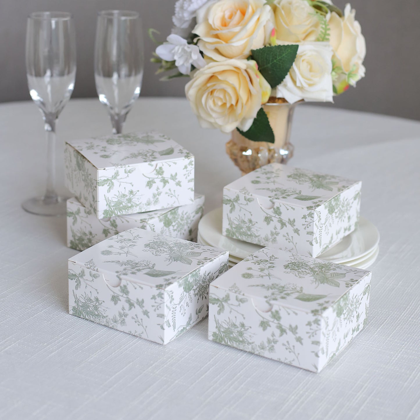 25 Pack White Sage Green Paper Favor Boxes in French Toile Pattern, Cardstock Party Shower Candy Gift Boxes - 4"x4"x2"